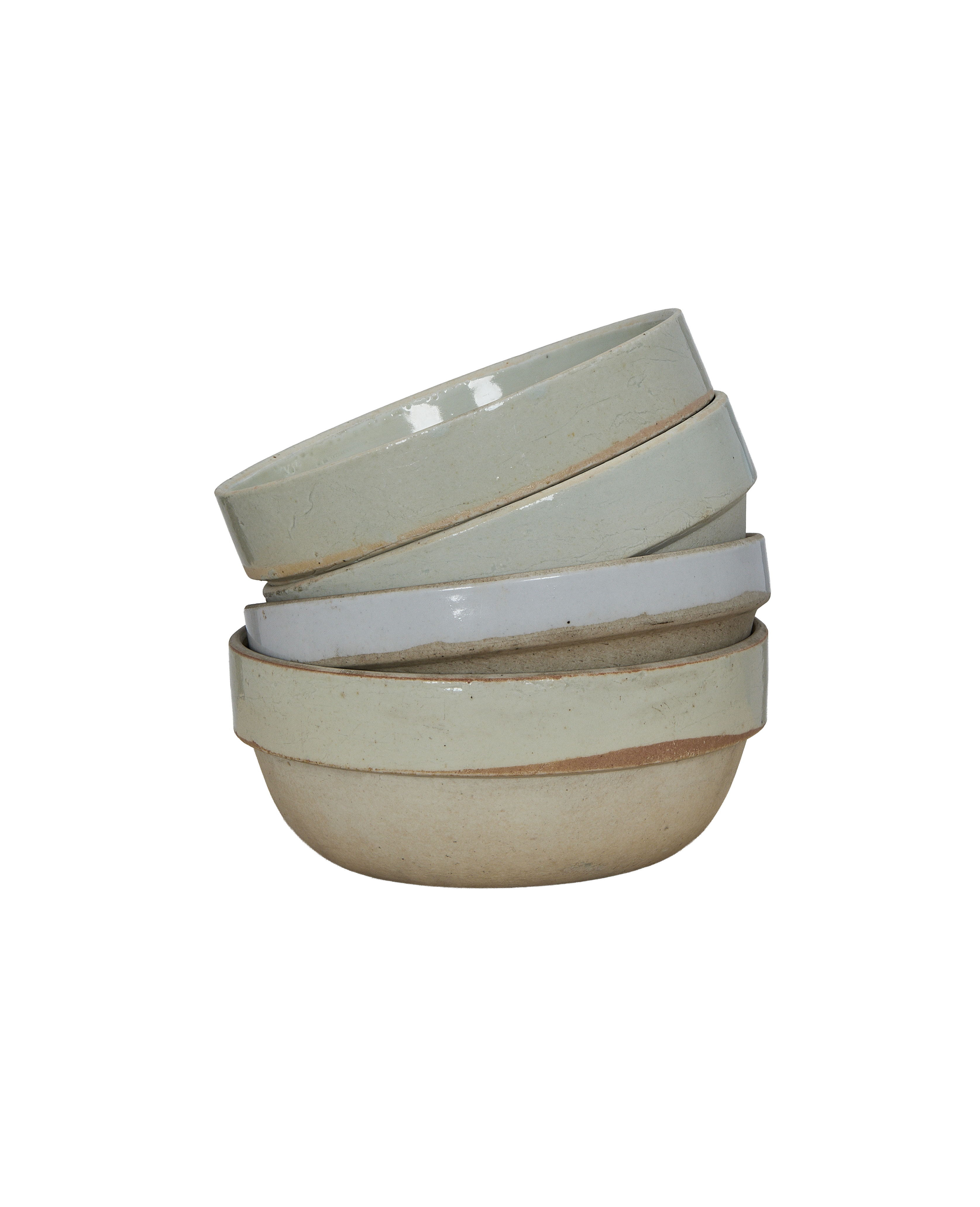 Stack of five vintage Chinese Jasmine Bowls, showing varied glazes and rim details.