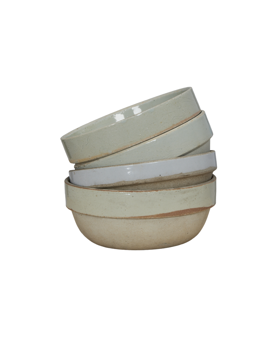 Stack of five vintage Chinese Jasmine Bowls, showing varied glazes and rim details.