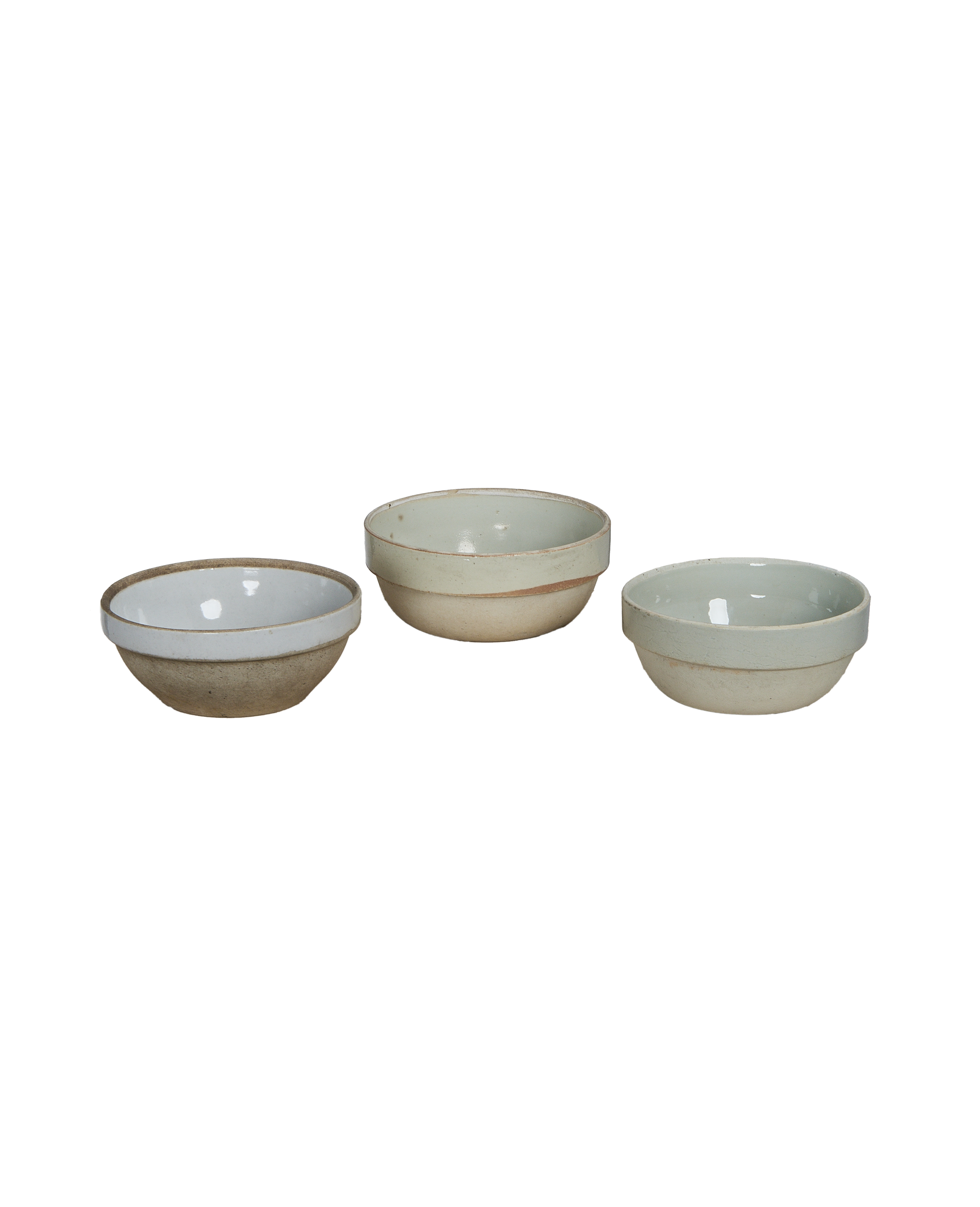 Three vintage Chinese ceramic Jasmine bowls, unglazed exteriors, varying subtle off-white and beige.