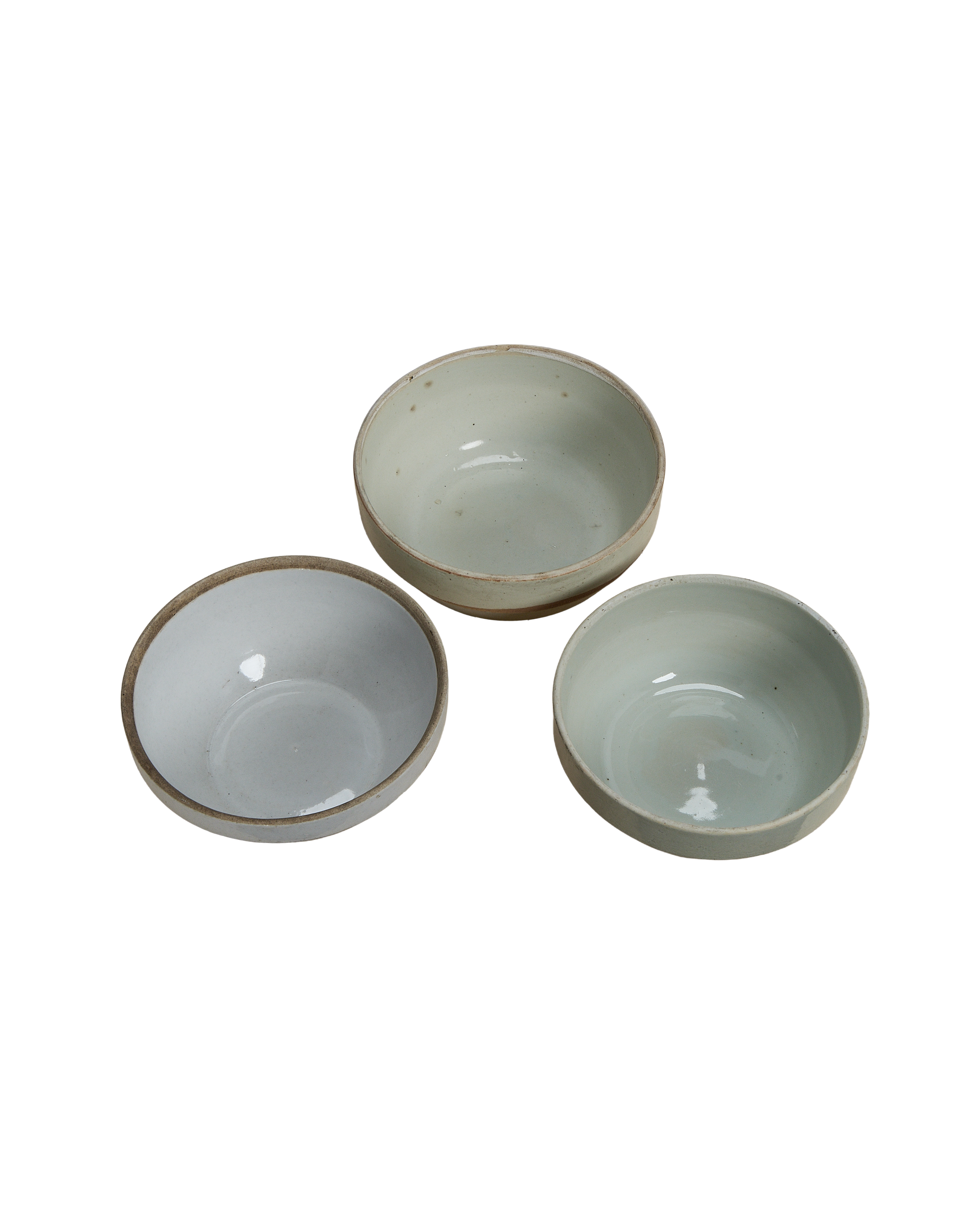 Three vintage Chinese Jasmine bowls, off-white with natural crackle glaze and rustic rim.