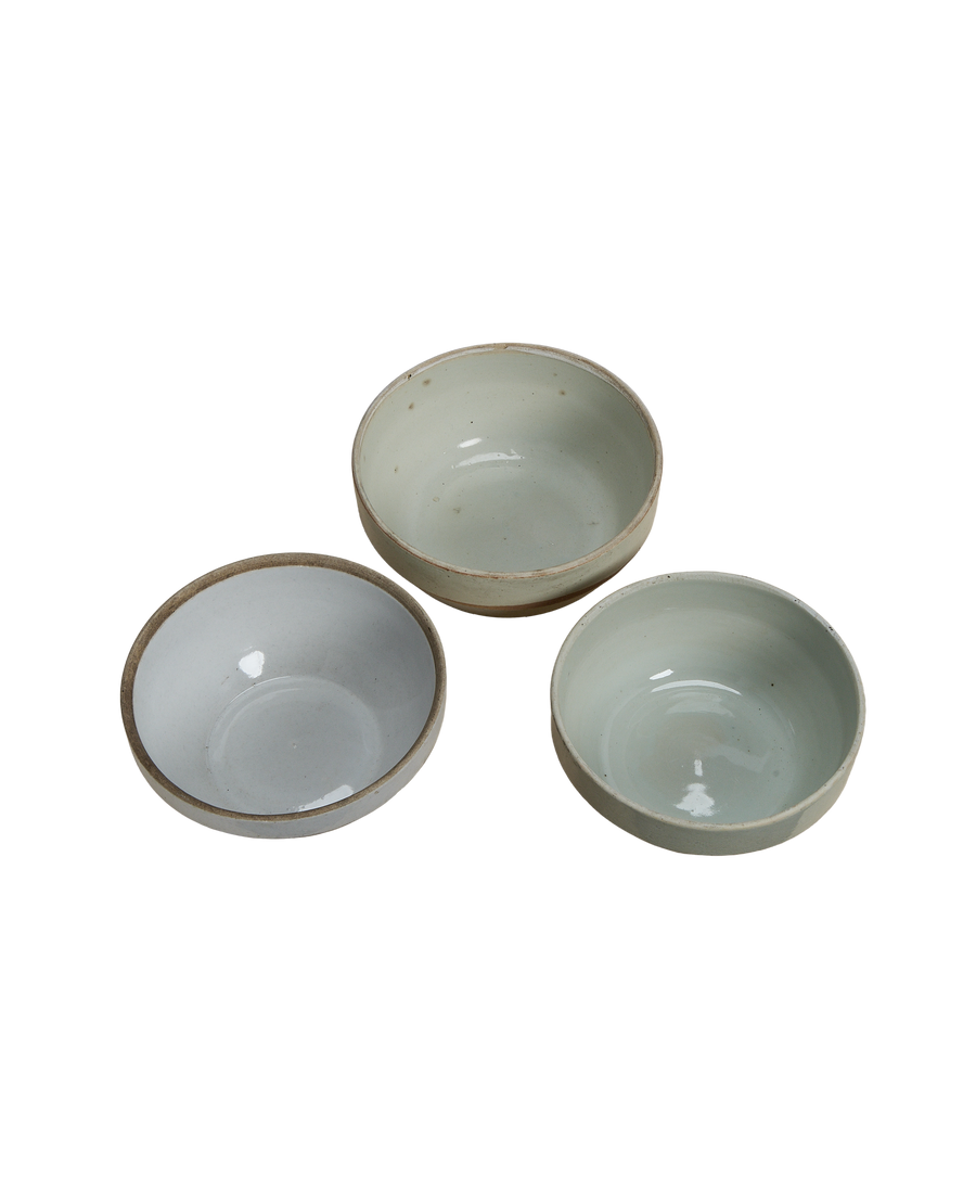 Three vintage Chinese Jasmine bowls, off-white with natural crackle glaze and rustic rim.