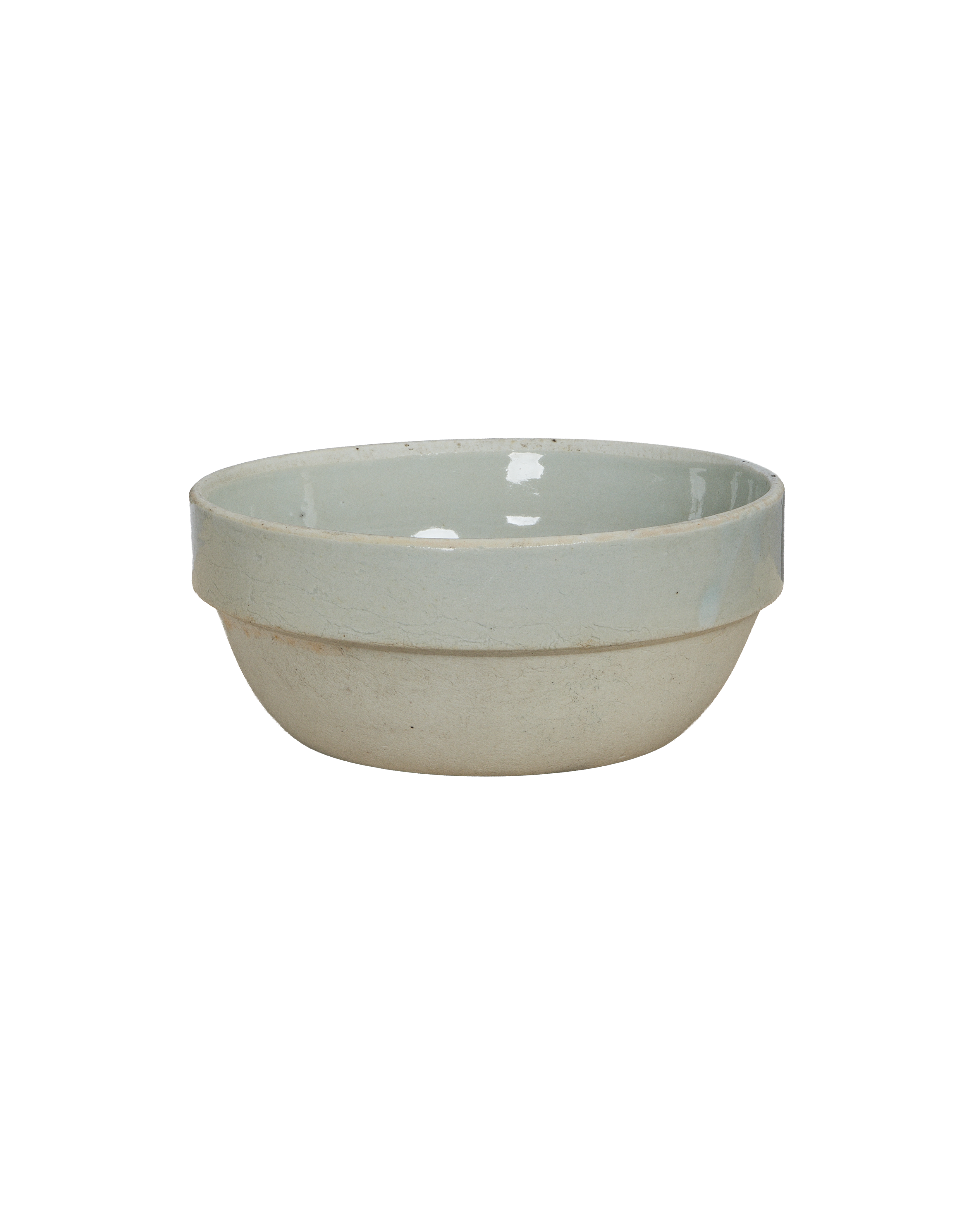 Vintage Chinese Jasmine Bowl, light gray glazed interior and rim, showing textured exterior.