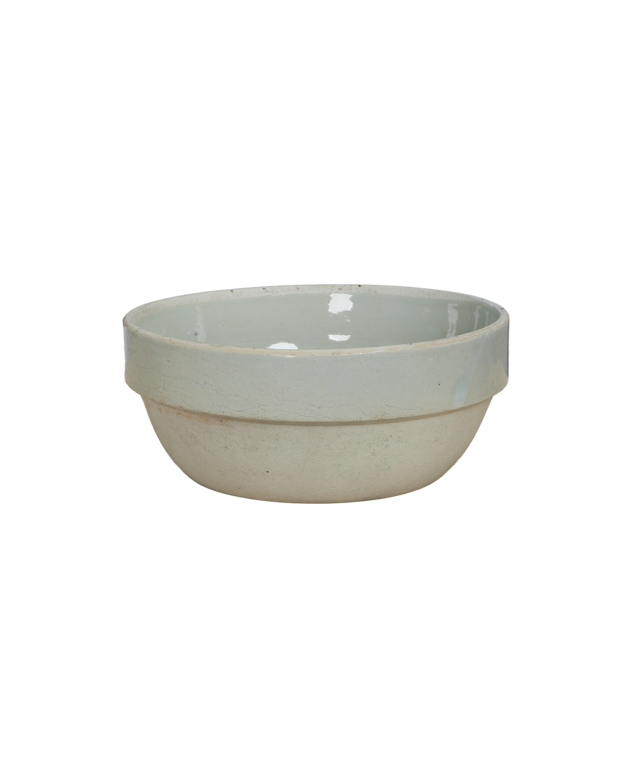 Vintage Chinese Jasmine Bowl, light gray glazed interior and rim, showing textured exterior.