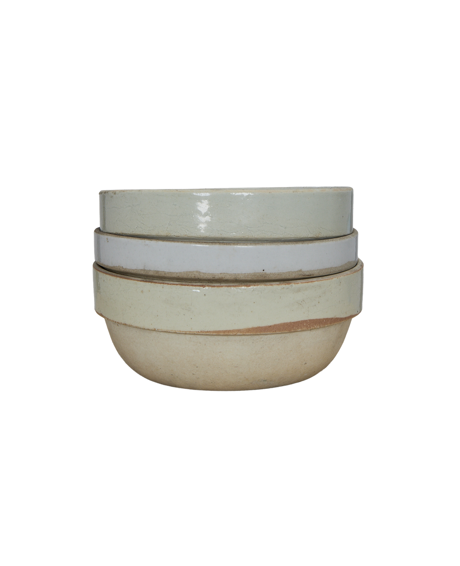 Stacked vintage Chinese Jasmine bowls, pale-green crackle glaze, showing subtle texture and rims.