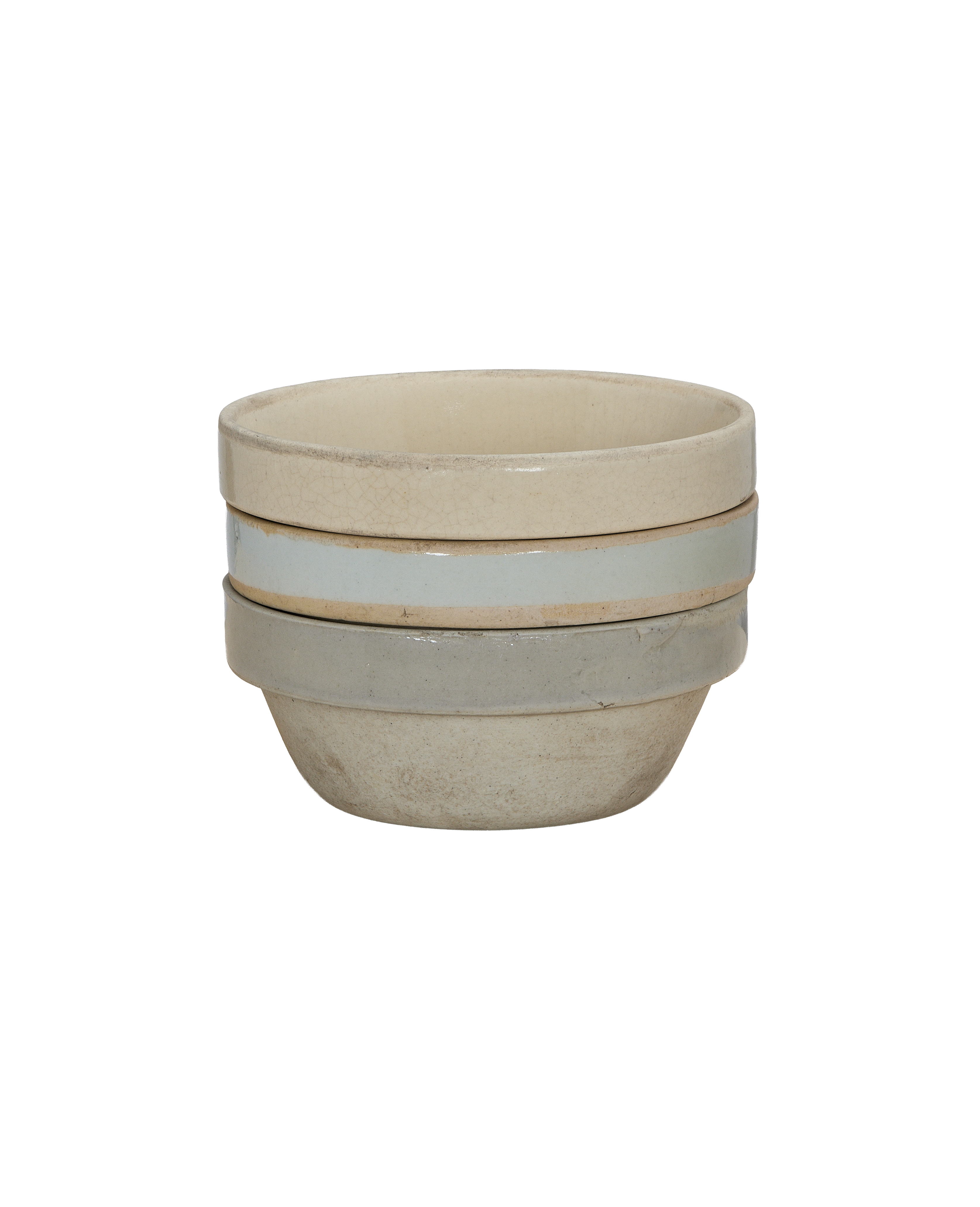 Stacked vintage Jasmine bowls, three pieces, showing various aged ceramic glazes and crackling.
