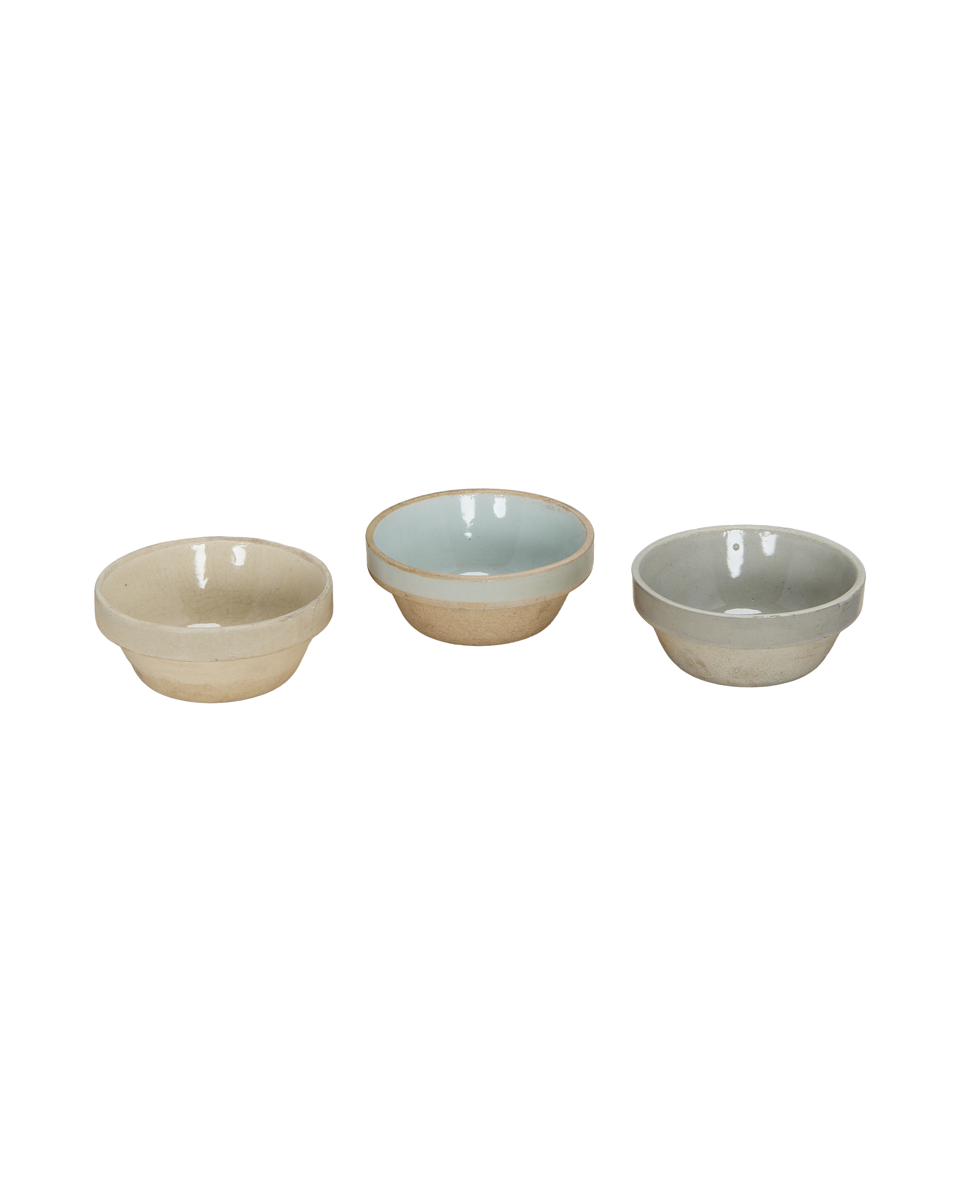 Three vintage Chinese Jasmine Bowls, showing varied interior glazes and exterior ceramic texture.