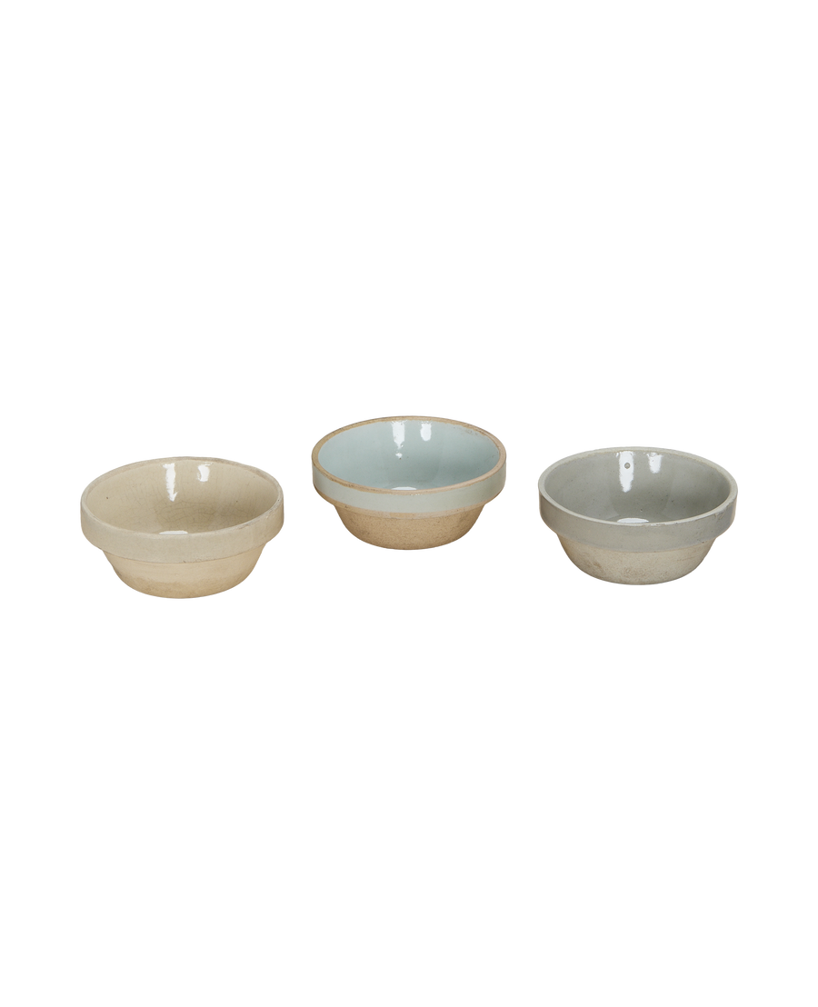 Three vintage Chinese Jasmine Bowls, showing varied interior glazes and exterior ceramic texture.