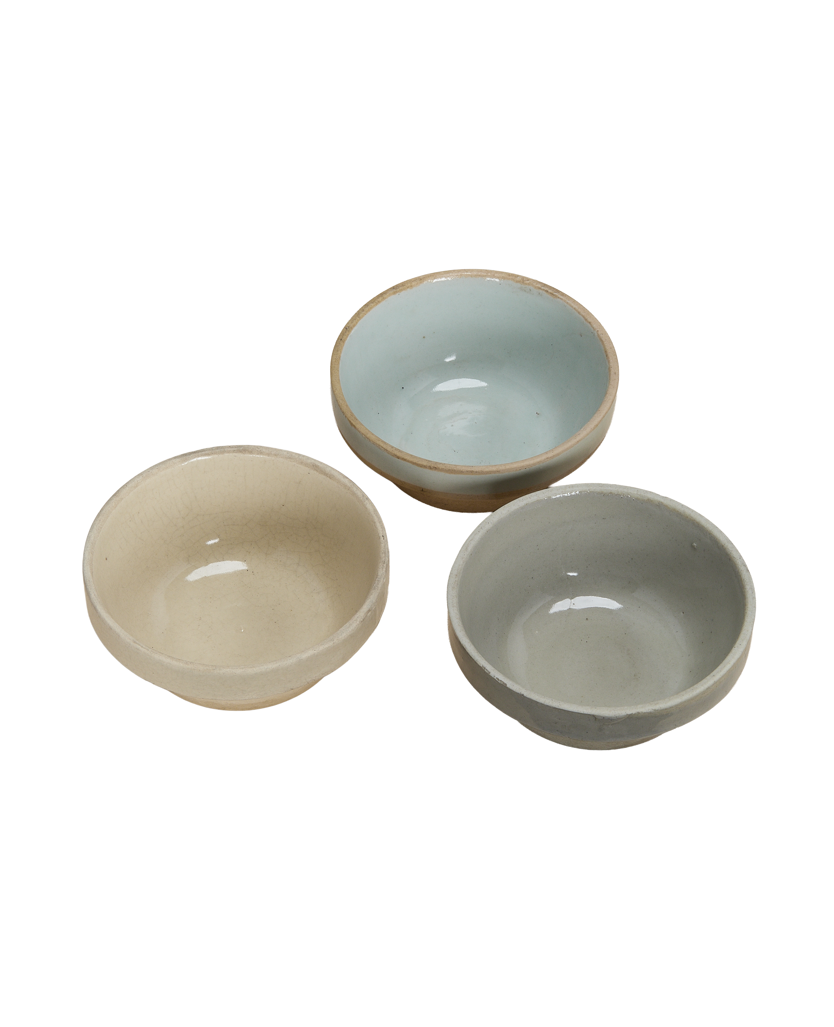 Three vintage Chinese Jasmine bowls, varied porcelain glazes, light blue, beige crackle, and gray.