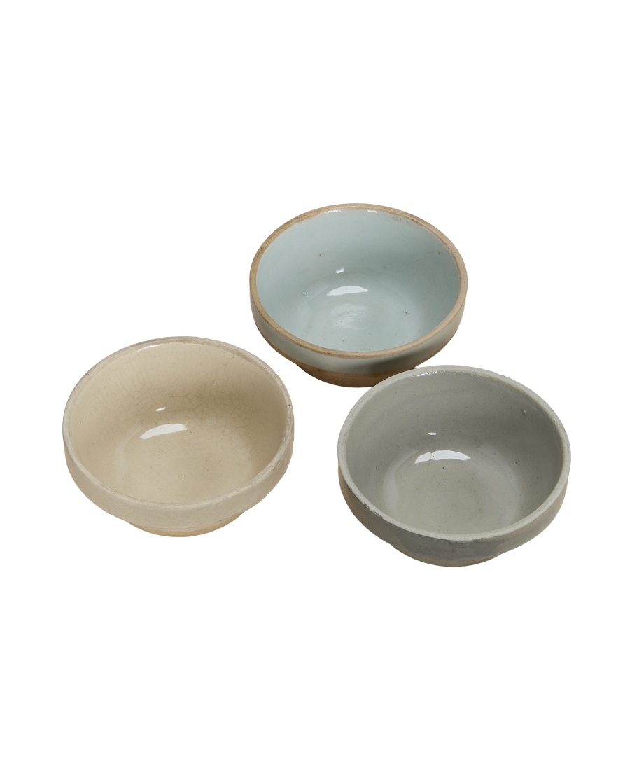 Three vintage Chinese Jasmine bowls, varied porcelain glazes, light blue, beige crackle, and gray.