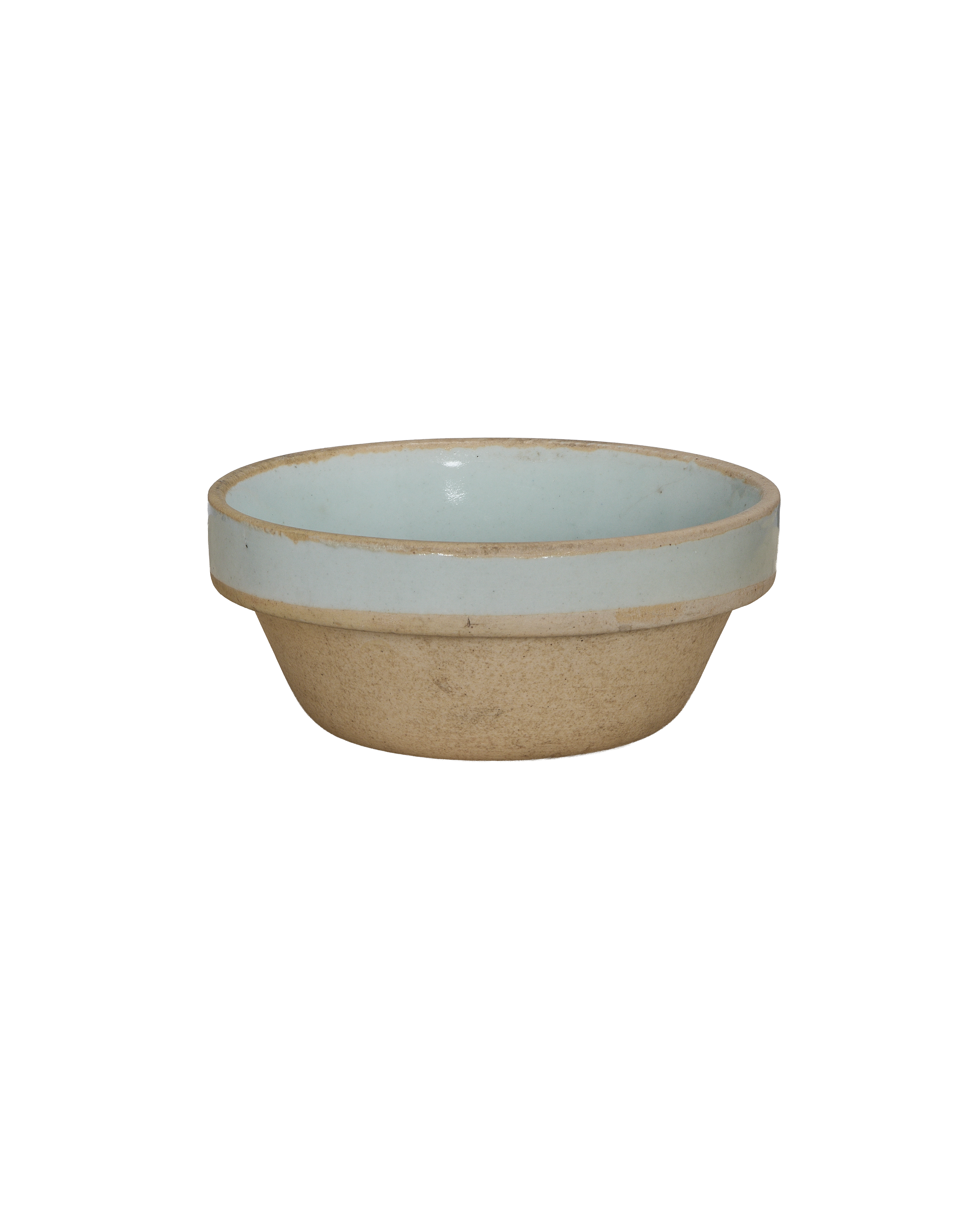 Vintage Chinese Jasmine Bowl, light blue interior, unglazed light brown earthenware exterior texture.
