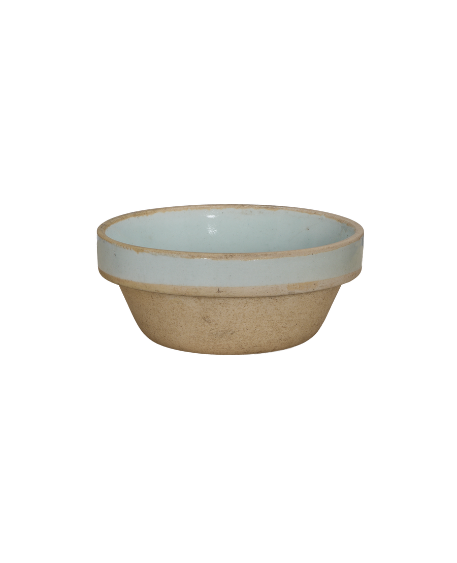 Vintage Chinese Jasmine Bowl, light blue interior, unglazed light brown earthenware exterior texture.