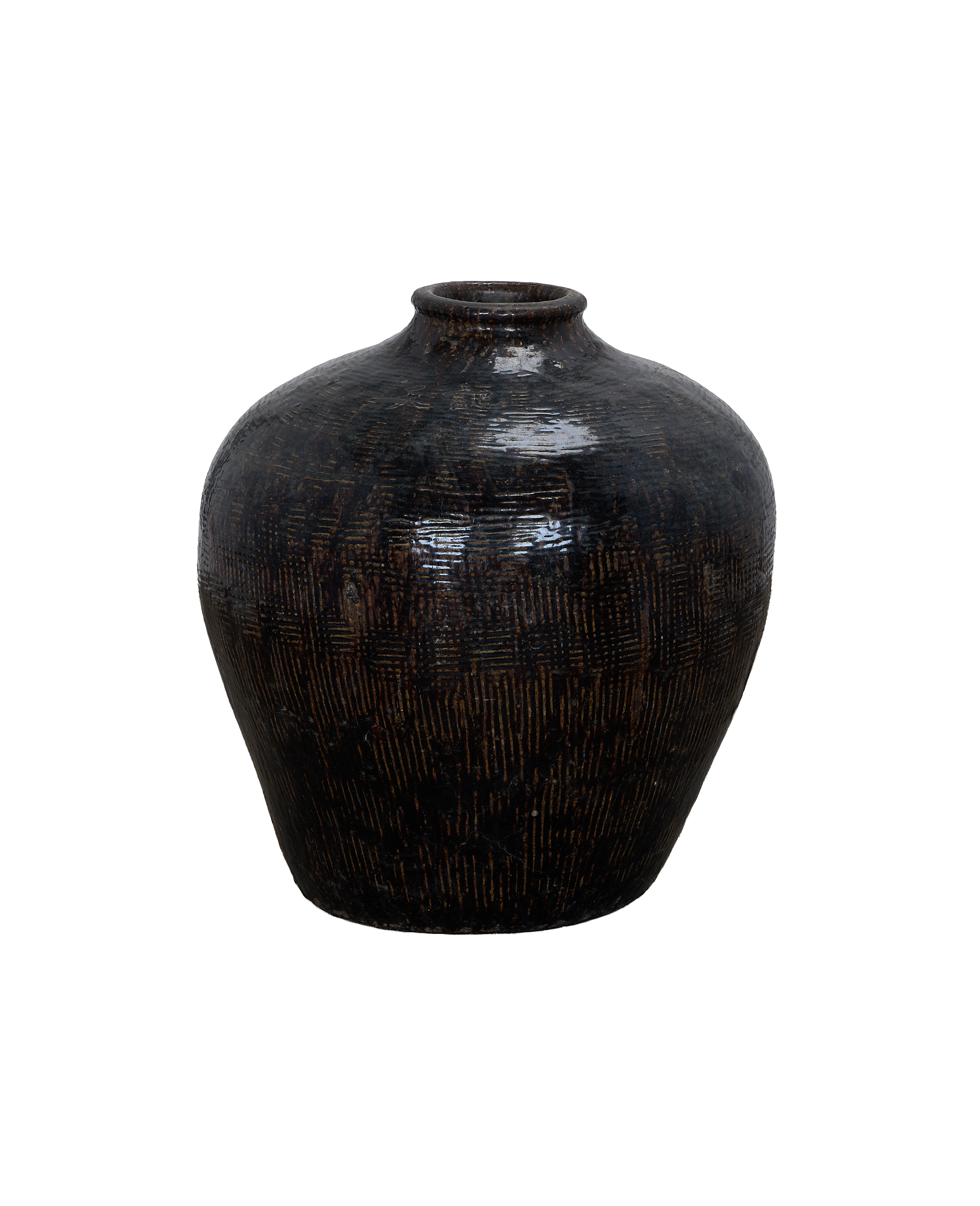 Vintage dark brown ceramic Willow Jar from China, showcasing textured finish on main body.