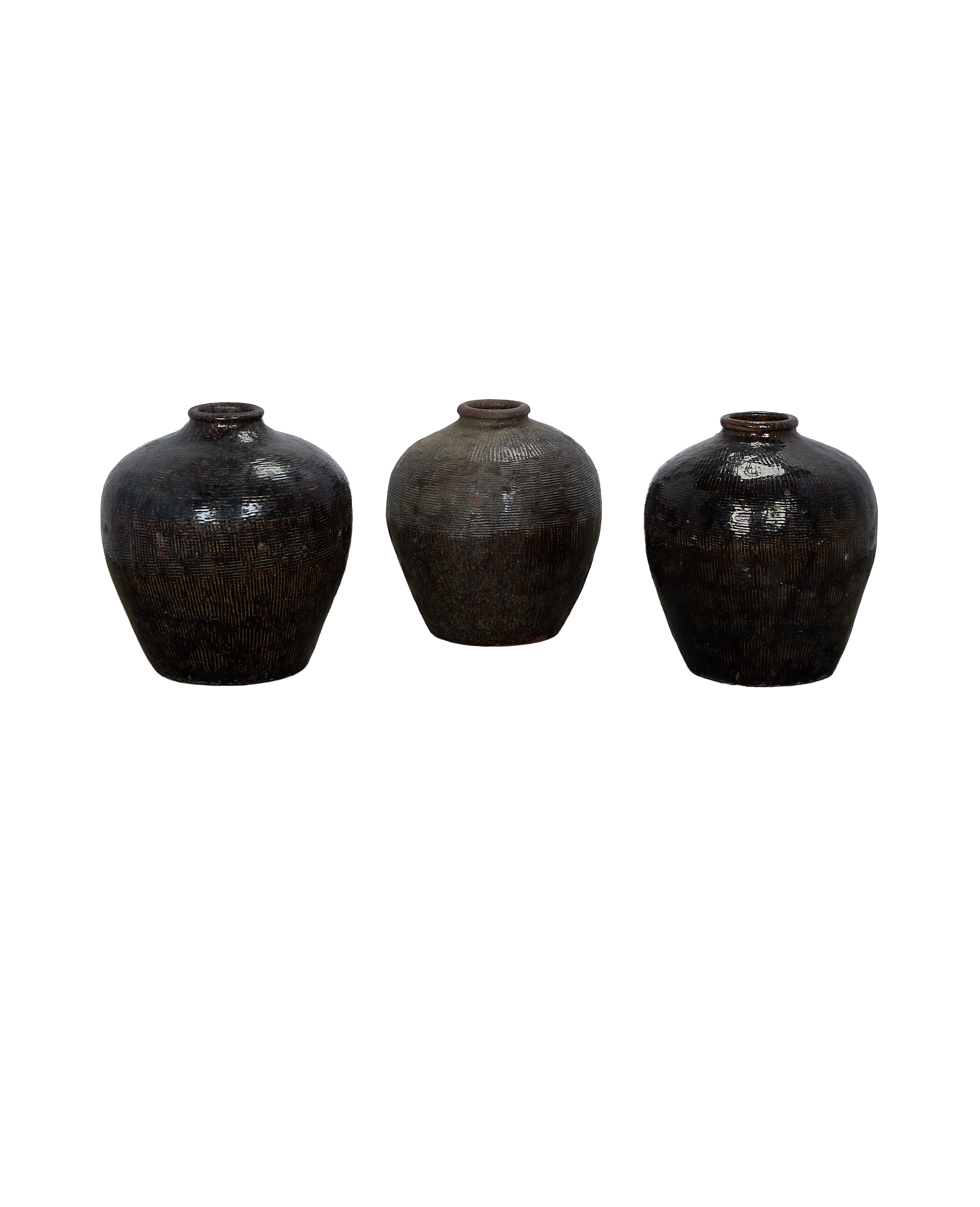 Three vintage Chinese Willow Jars with textured dark-brown glaze, displayed together on black.