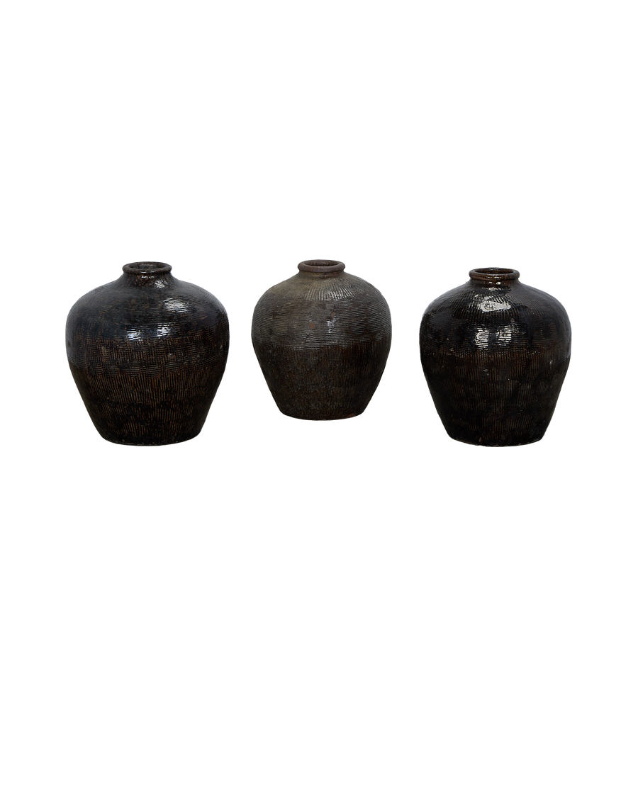 Three vintage Chinese Willow Jars with textured dark-brown glaze, displayed together on black.