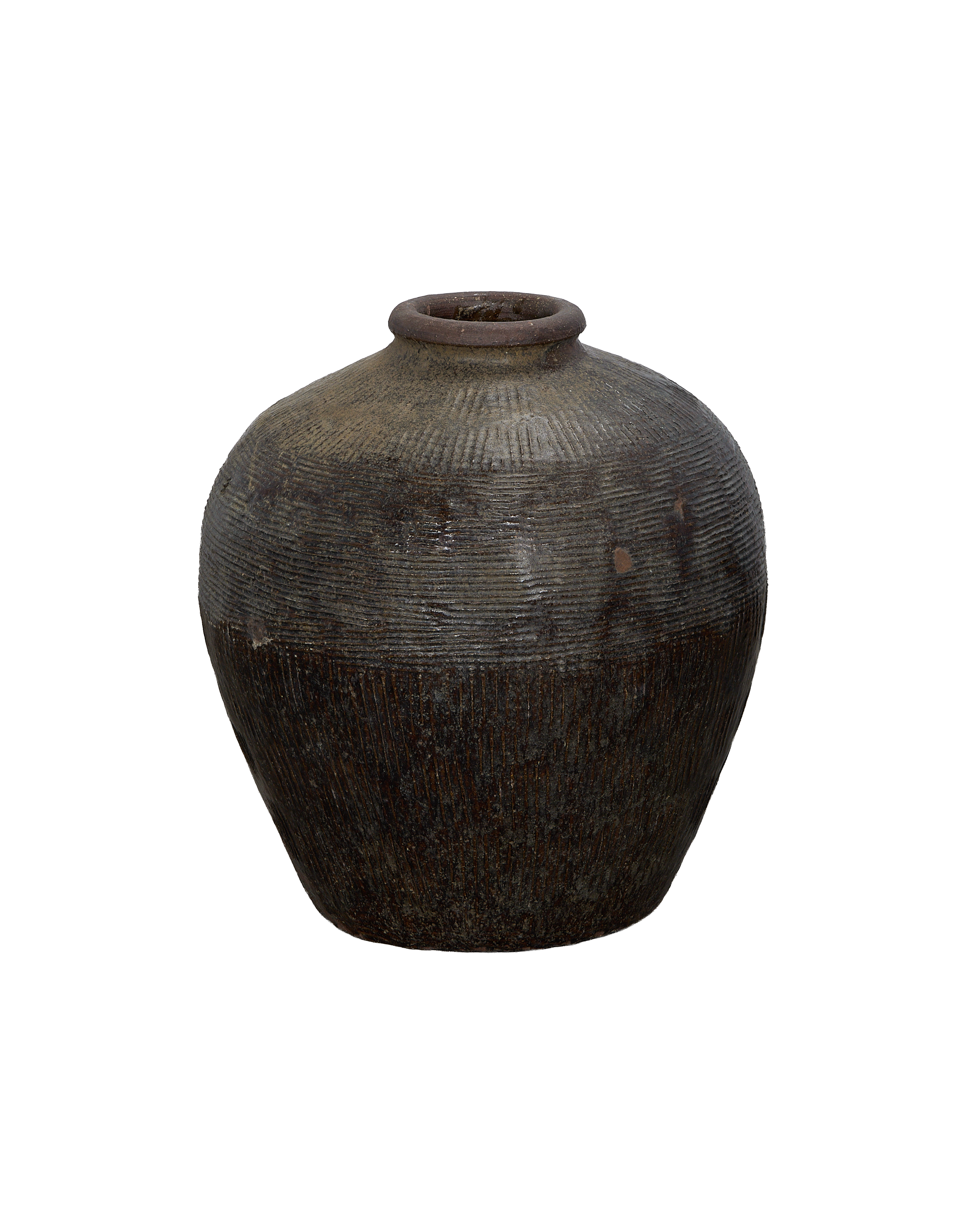 Vintage Chinese Willow Jar, rustic dark brown, textured pottery, full side view.