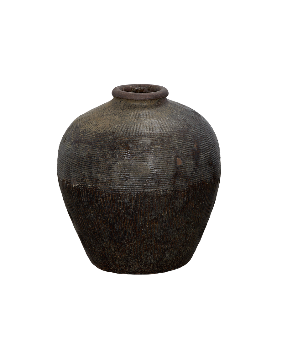 Vintage Chinese Willow Jar, rustic dark brown, textured pottery, full side view.
