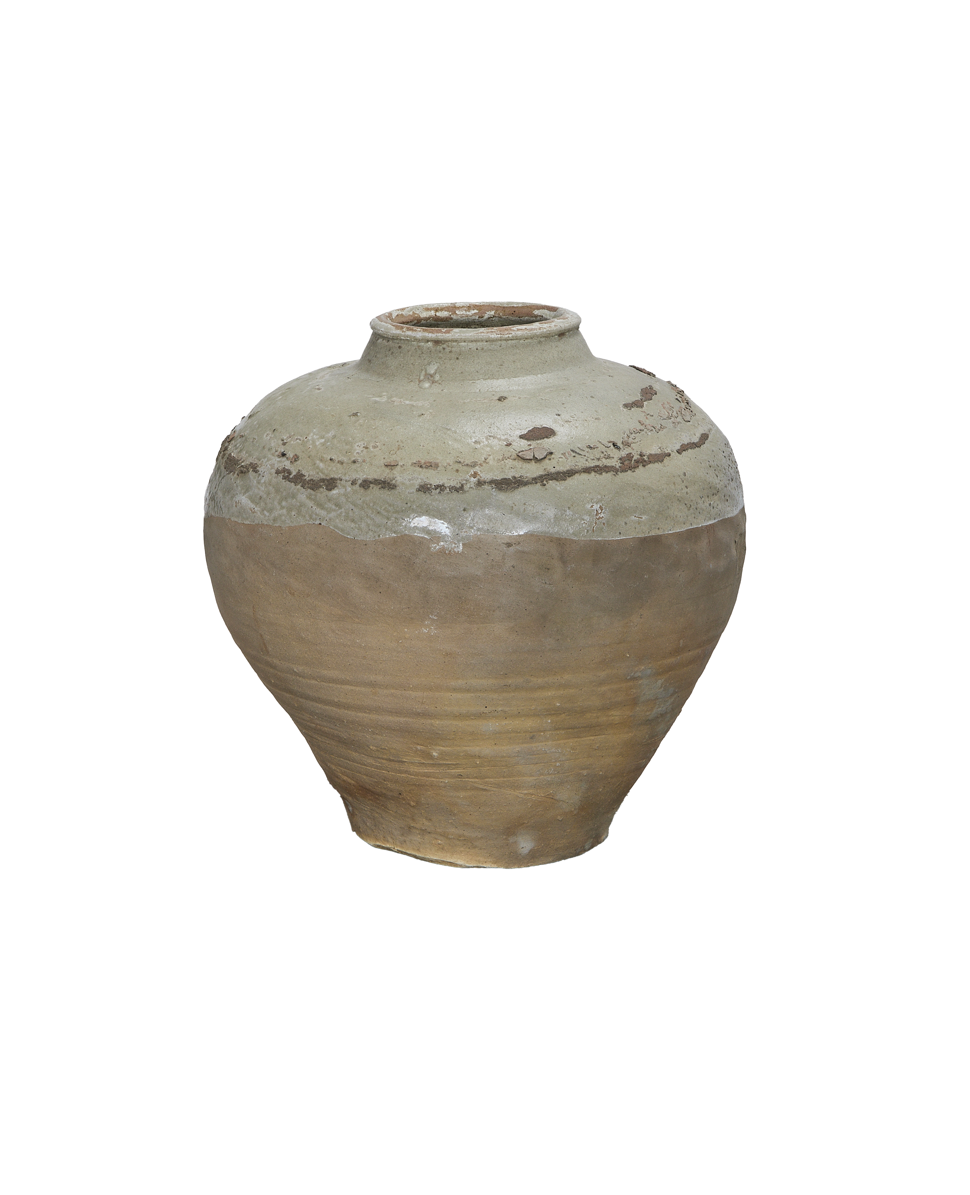 Vintage Chinese Amber Jar, aged clay with light green glaze drip, rustic condition.
