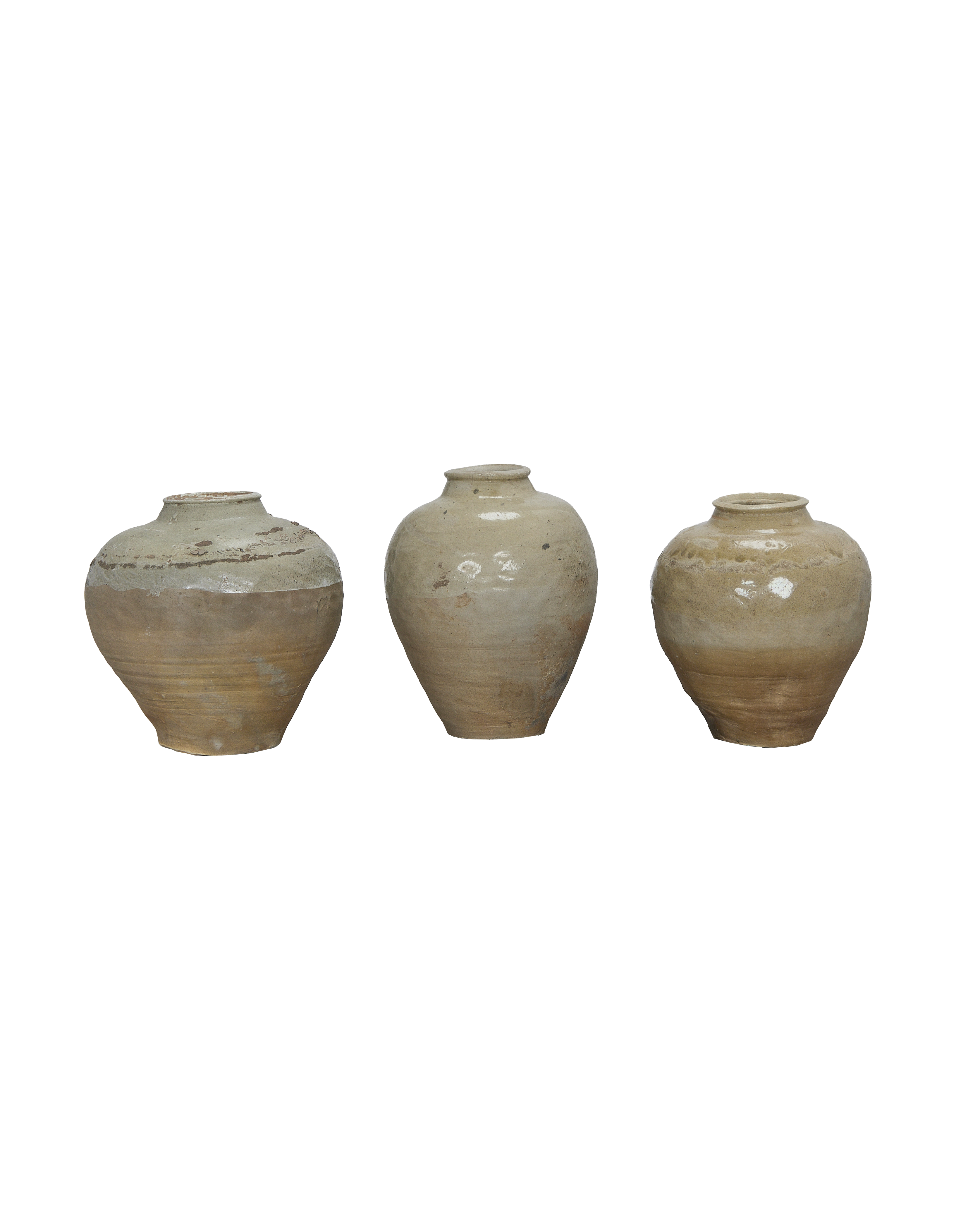 Three vintage Chinese stoneware bulk amber jars, showcasing varied antique white glazes and rustic textures.