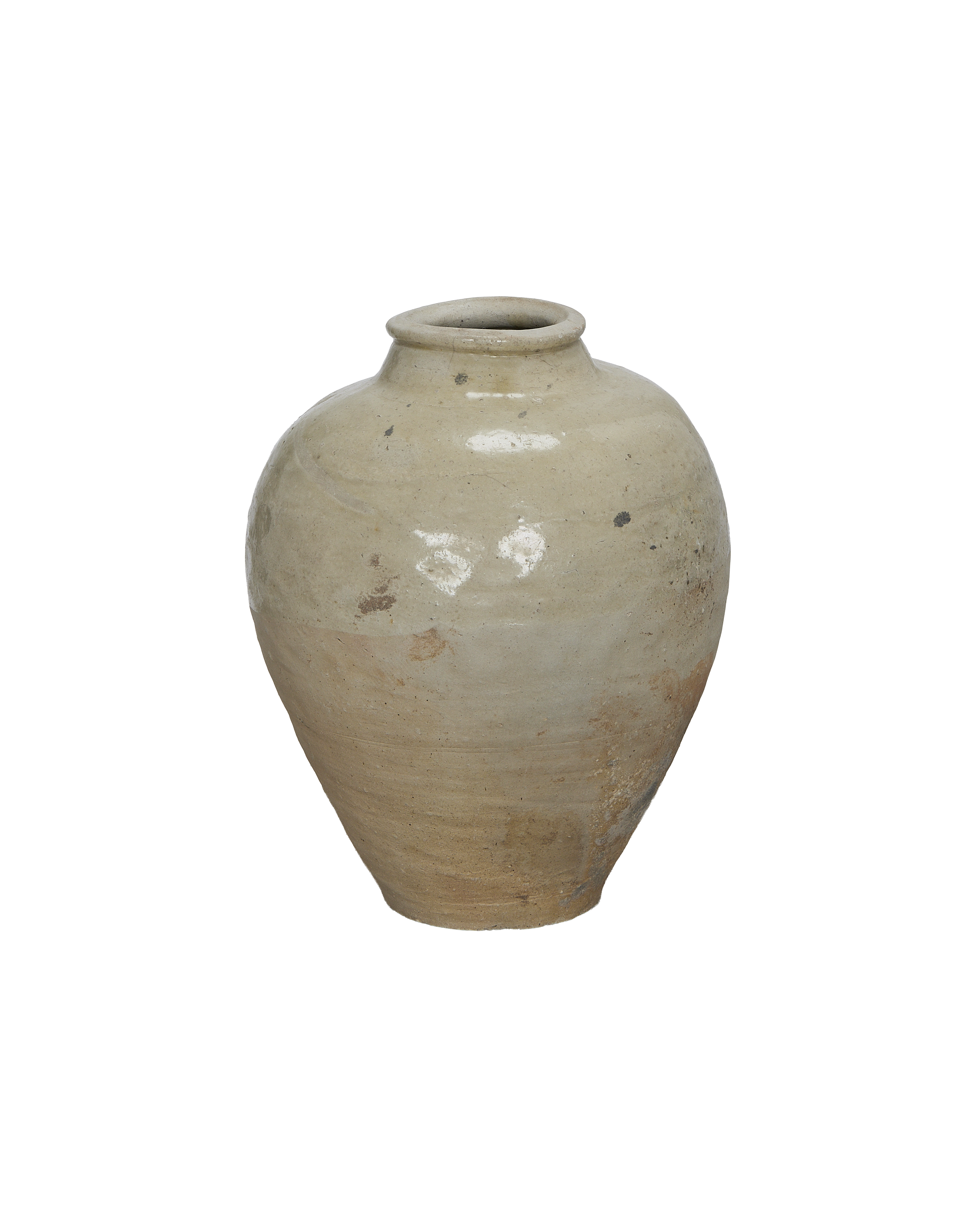 Vintage Chinese amber stoneware jar, showing neck and upper body with aged patina.
