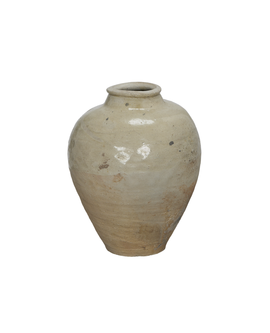 Vintage Chinese amber stoneware jar, showing neck and upper body with aged patina.