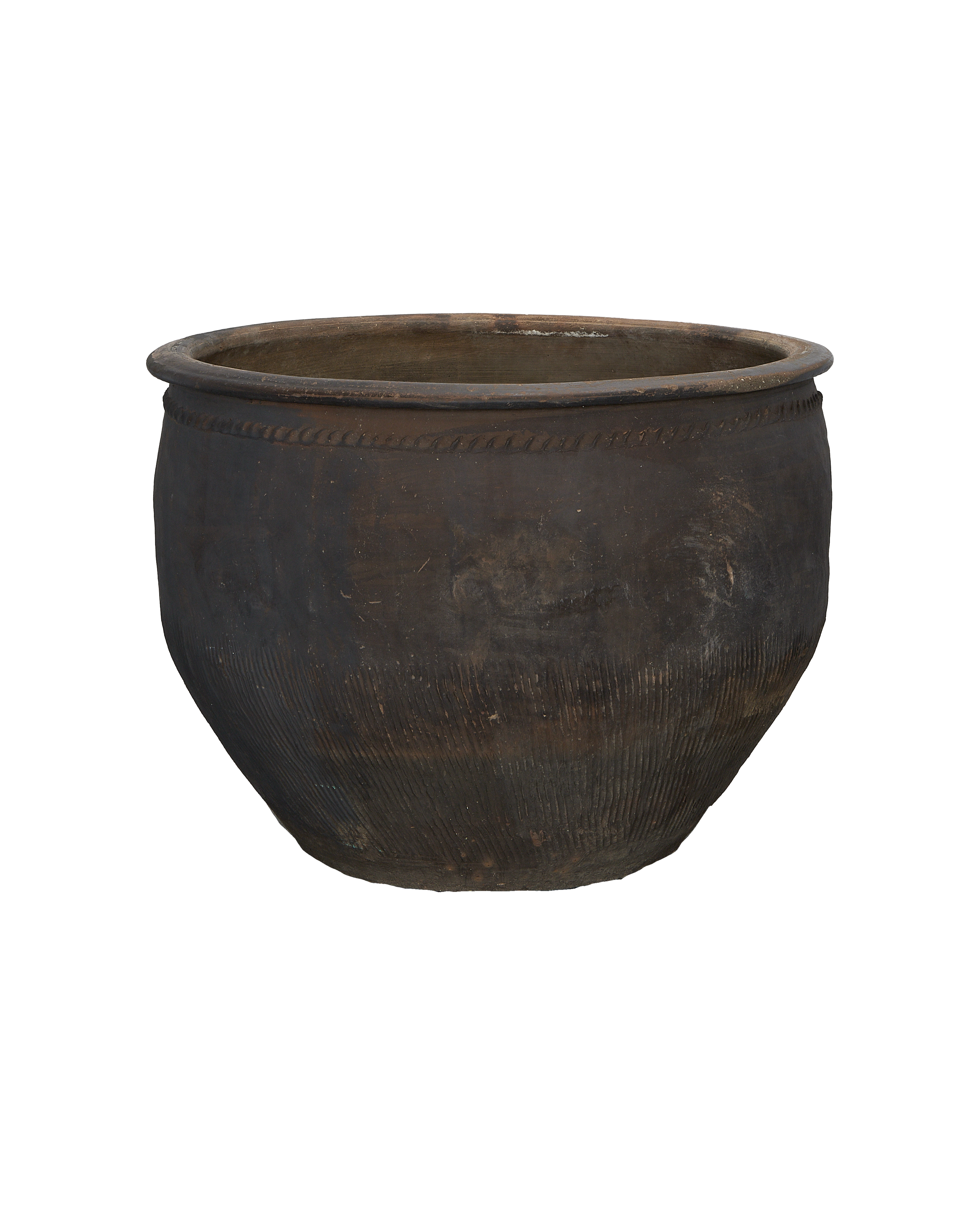 Vintage Chinese dark oak water planter with textured bottom and subtle decorative rim.