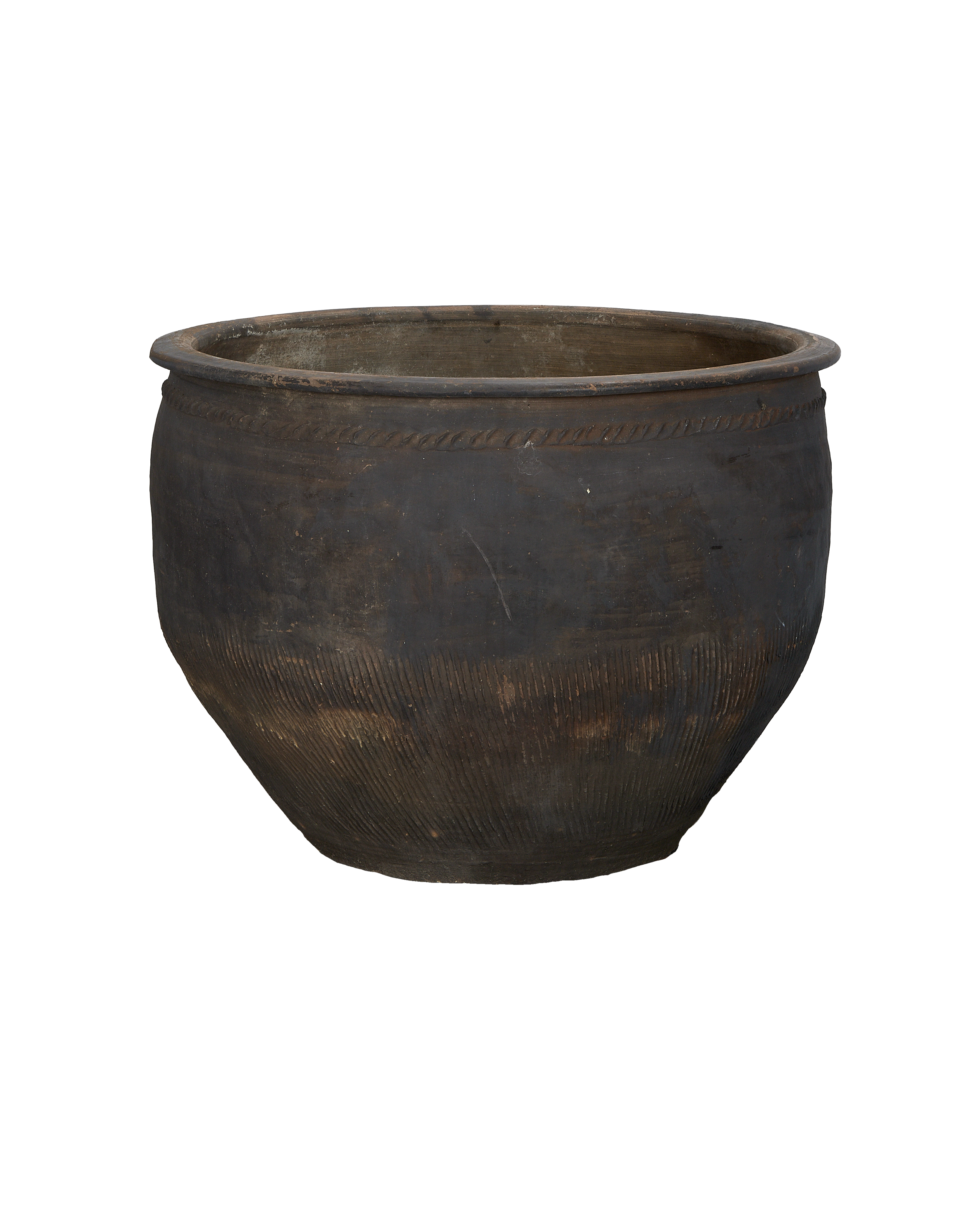 Vintage Chinese dark stoneware water planter with rim rope detail and textured base.