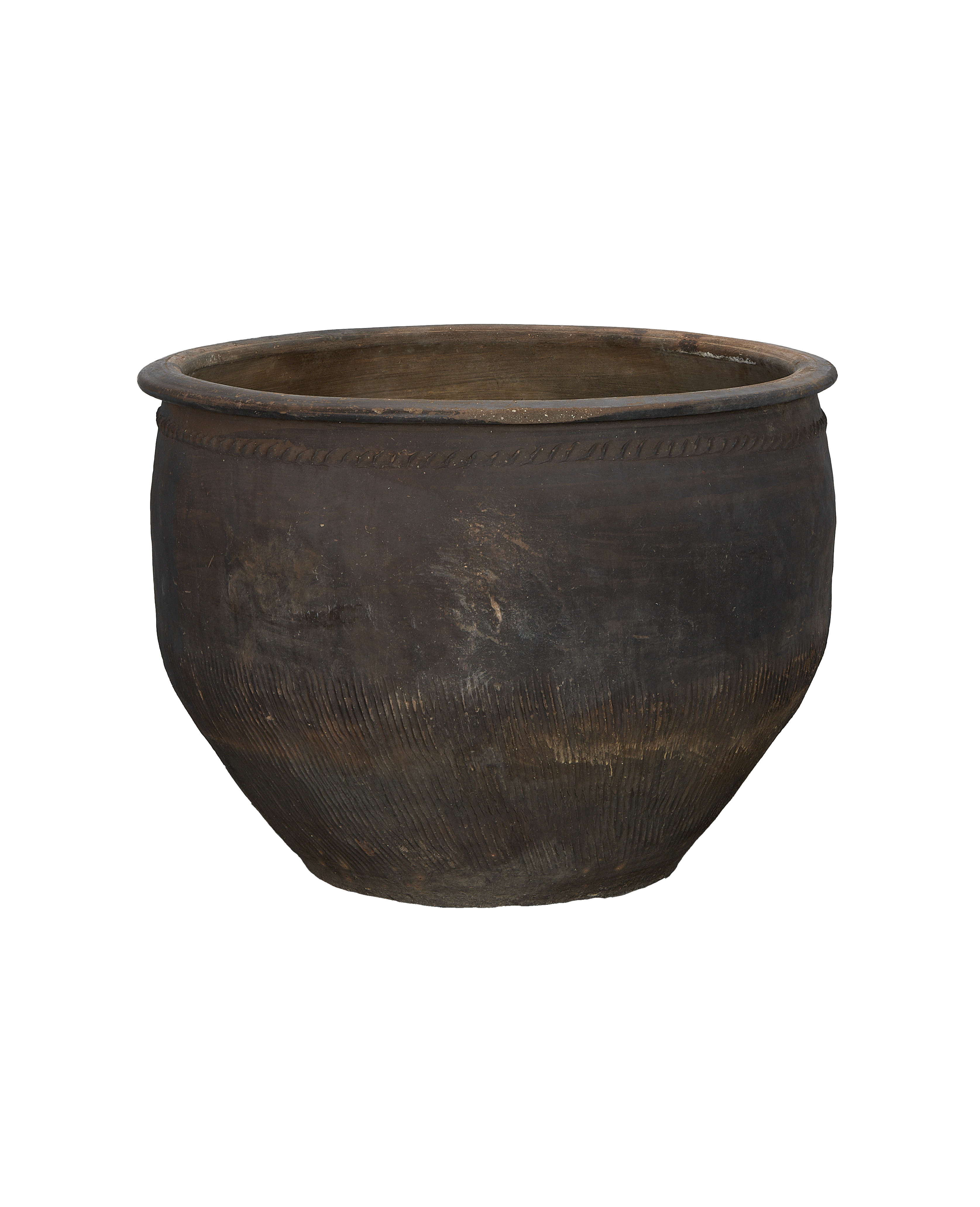 Vintage Chinese dark oak water planter, showing rope-like detail around the rim.