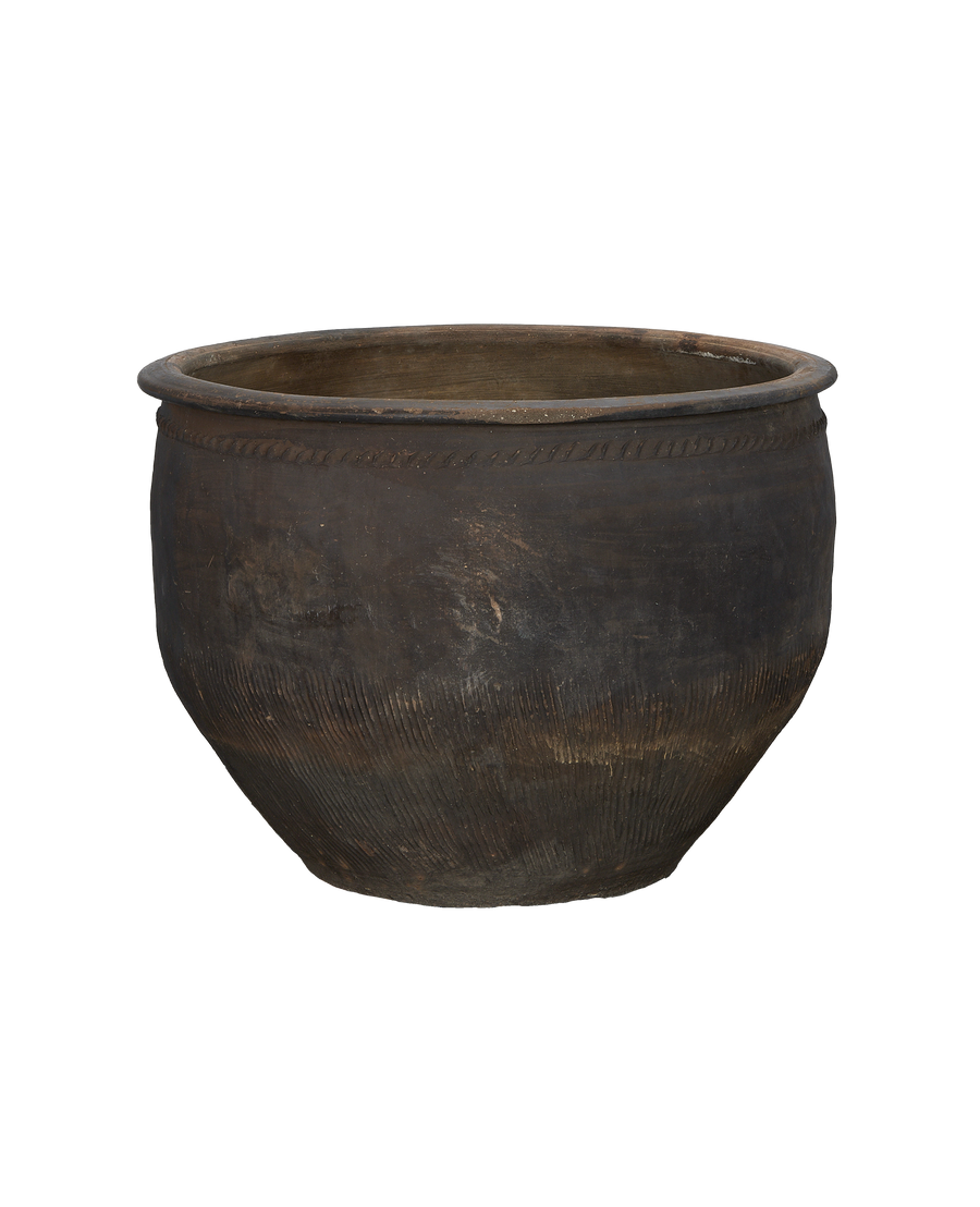 Vintage Chinese dark oak water planter, showing rope-like detail around the rim.