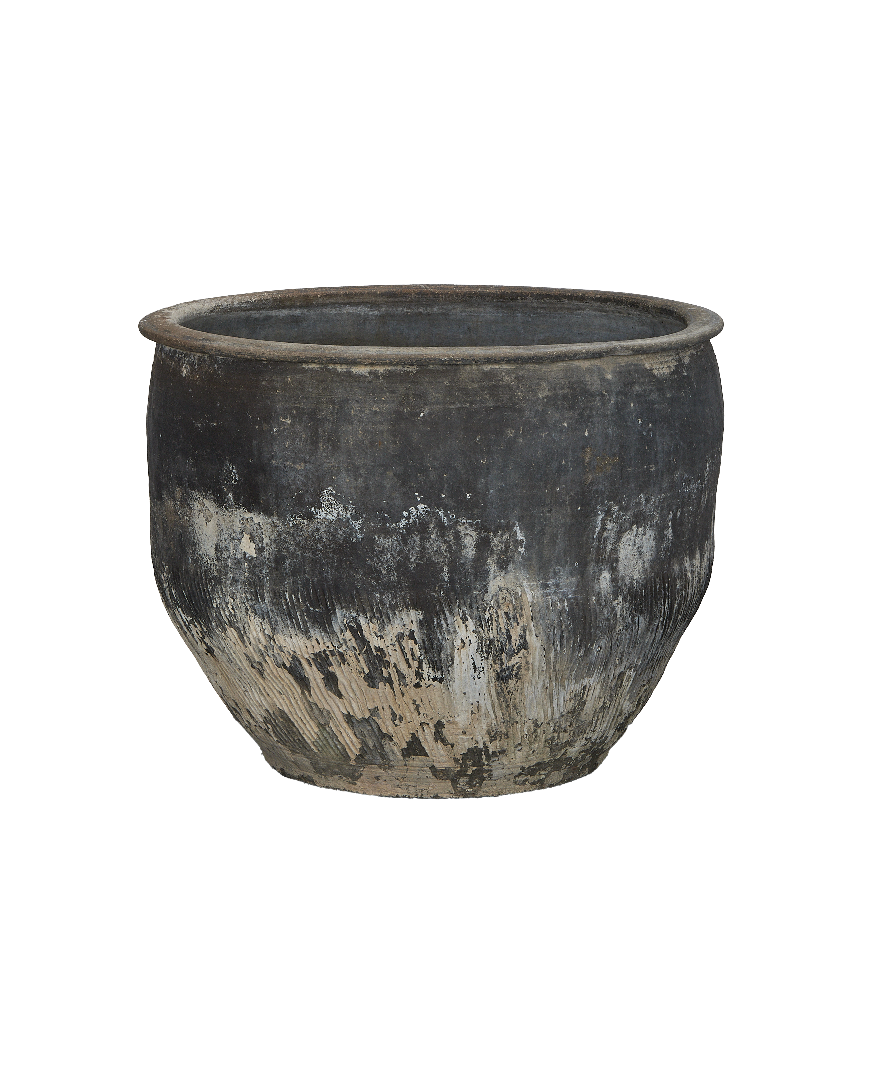 Vintage Chinese ceramic water planter, showing weathered black exterior with textured white and tan peeling.