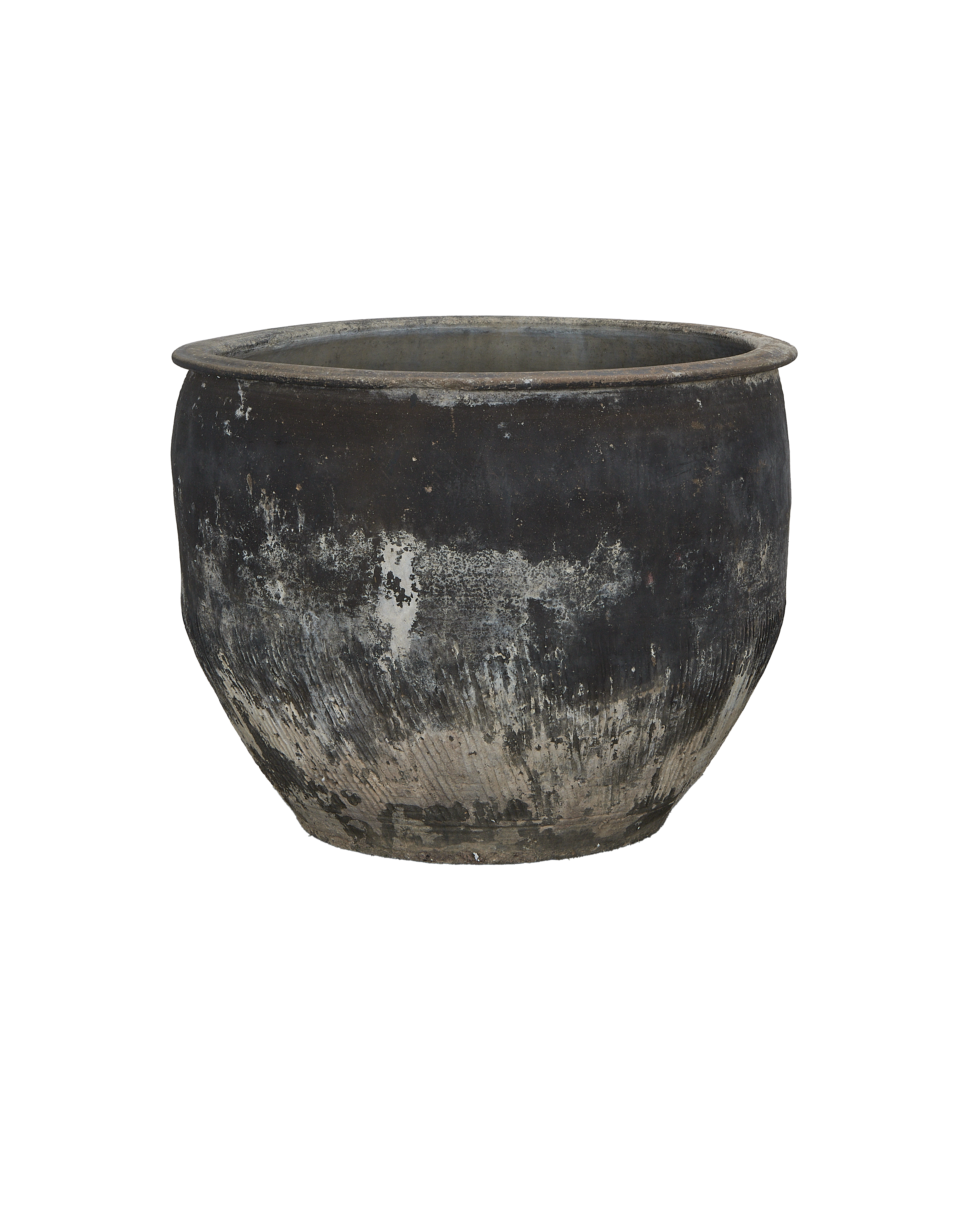 Vintage Chinese OAK water planter showing weathered black finish, prominent white and grey distressed patinas.