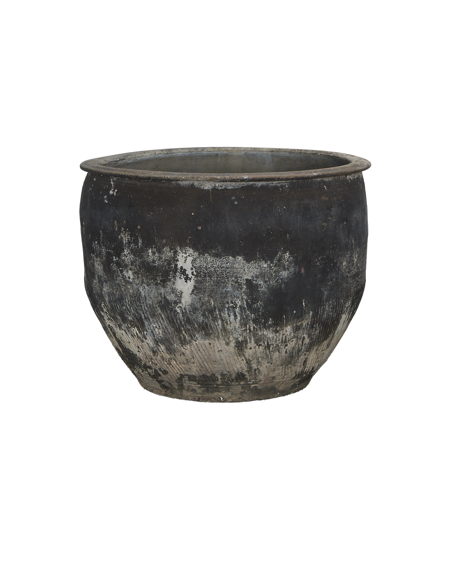 Vintage Chinese oak water planter, showing weathered texture and natural imperfections from age and use.
