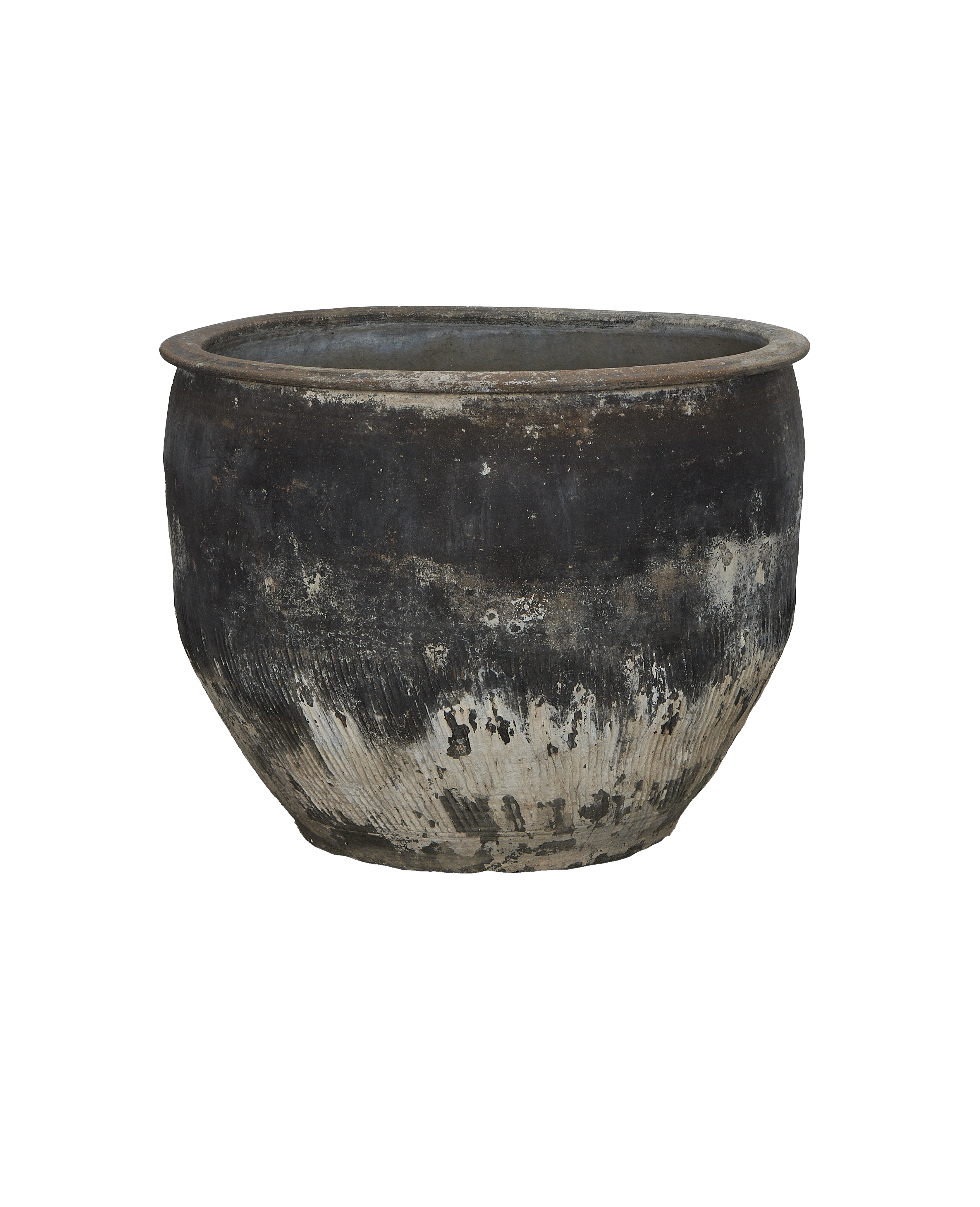 Vintage Chinese dark oak water planter, showing weathered base with exposed natural wood grain.