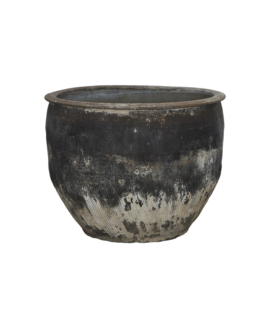 Vintage Chinese dark oak water planter, showing weathered base with exposed natural wood grain.