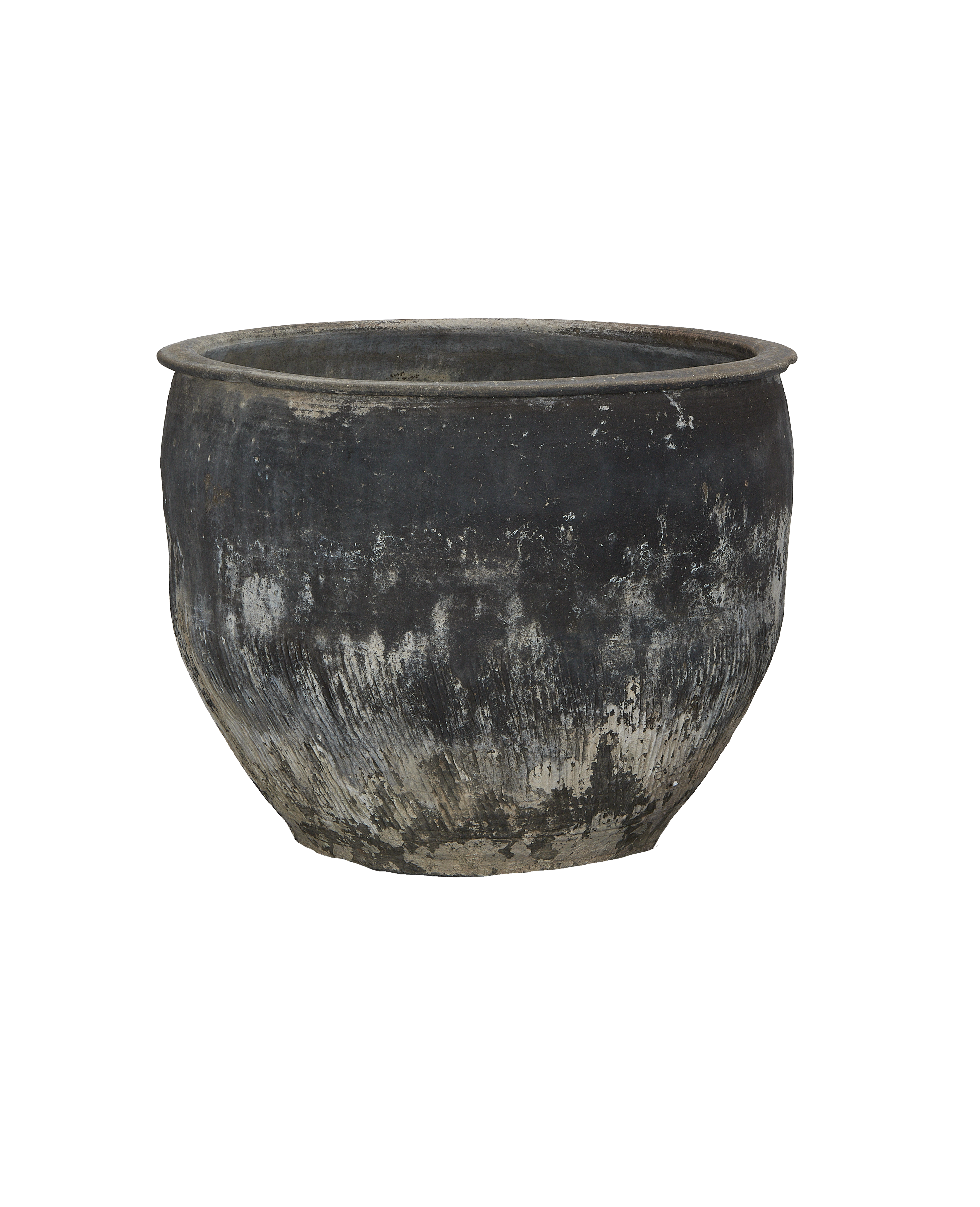 Vintage Chinese oak water planter with distressed dark finish and weathered texture.