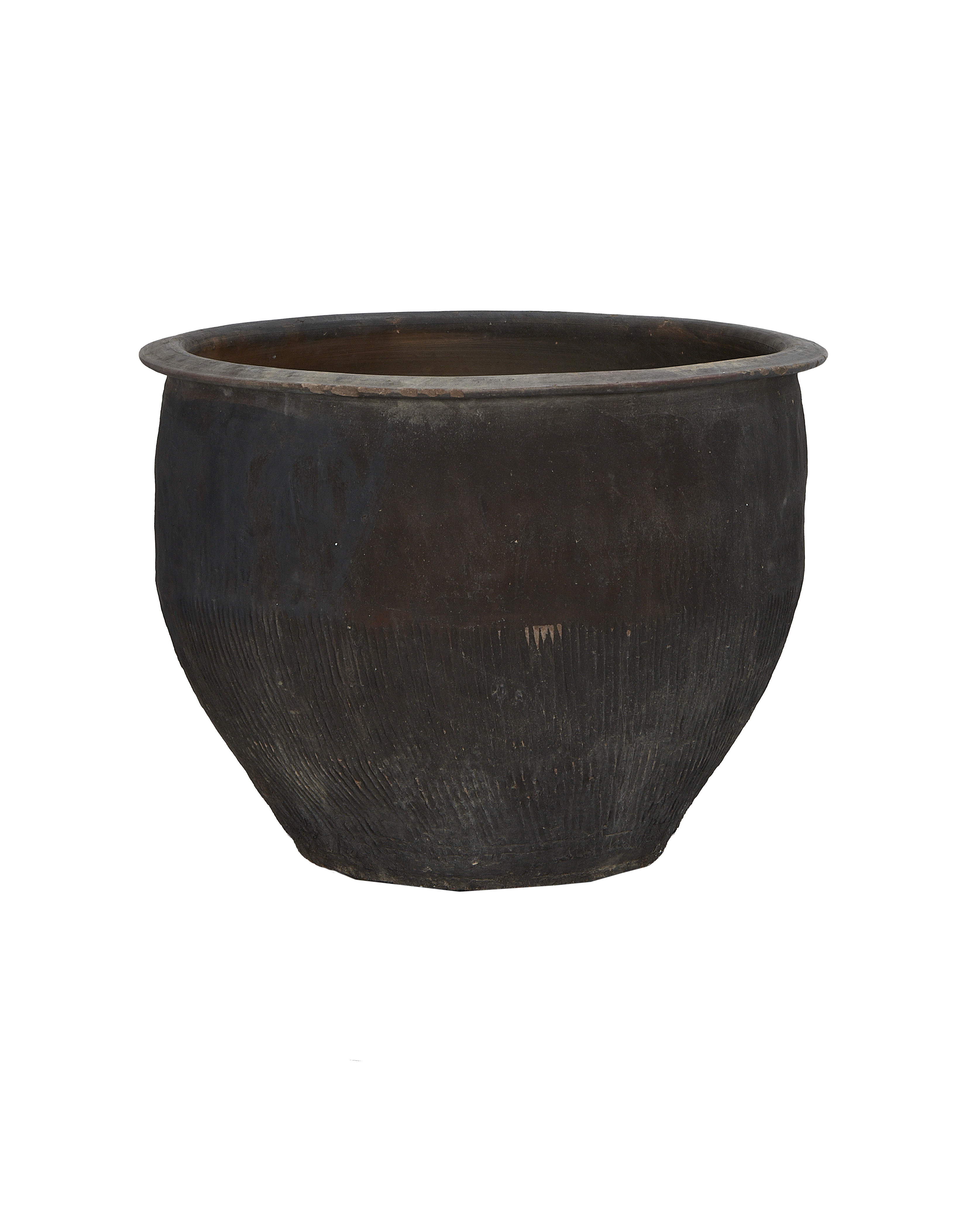 Vintage dark oak Chinese water planter, side view, showing ribbed wood texture.