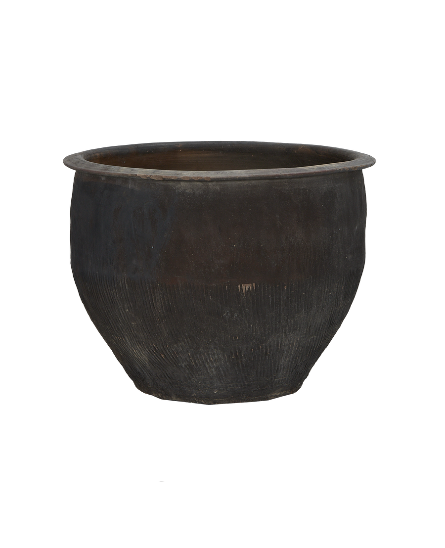 Vintage dark oak Chinese water planter, side view, showing ribbed wood texture.