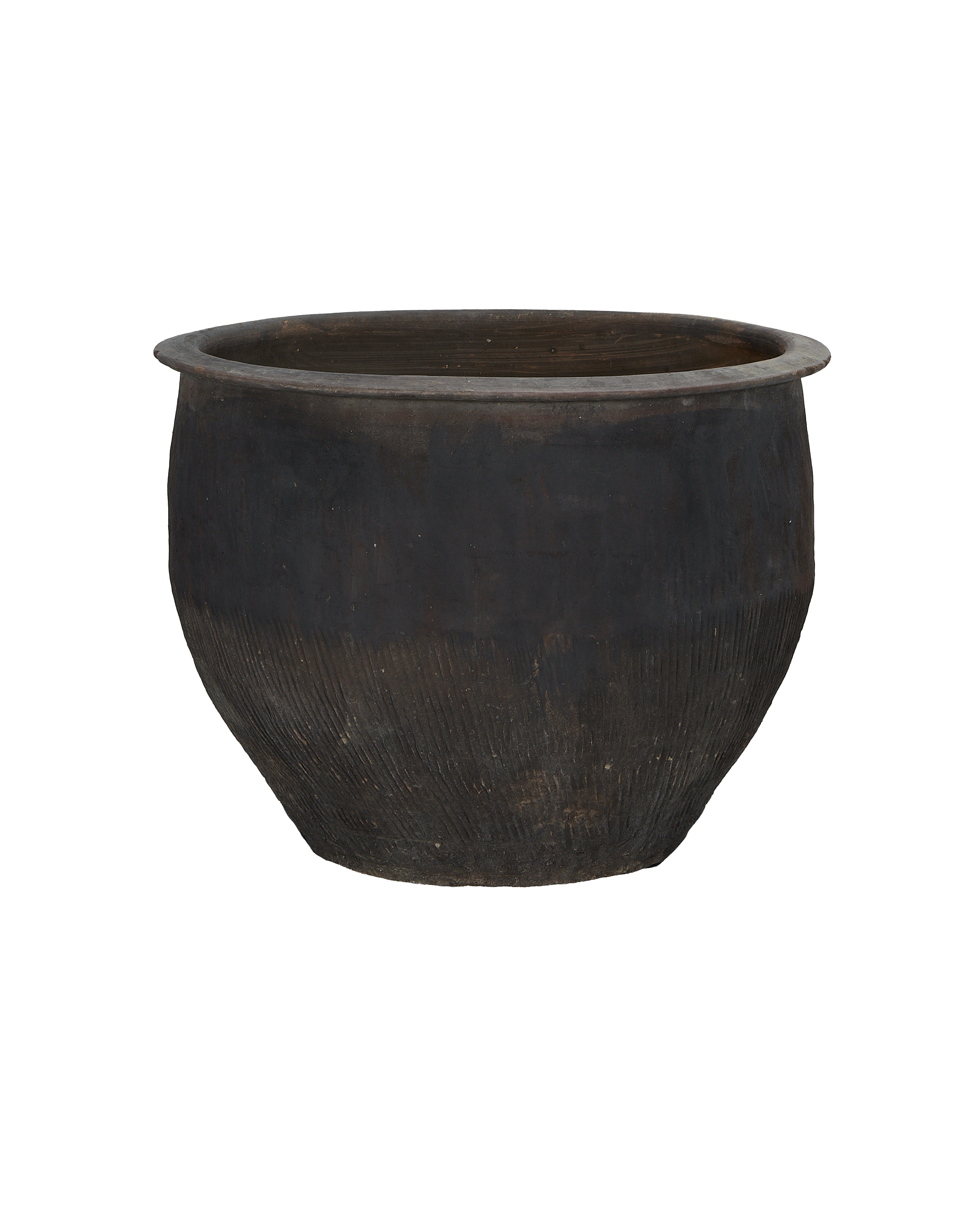 Vintage Chinese earthenware water planter, dark, with textured lower half showing worn surface.