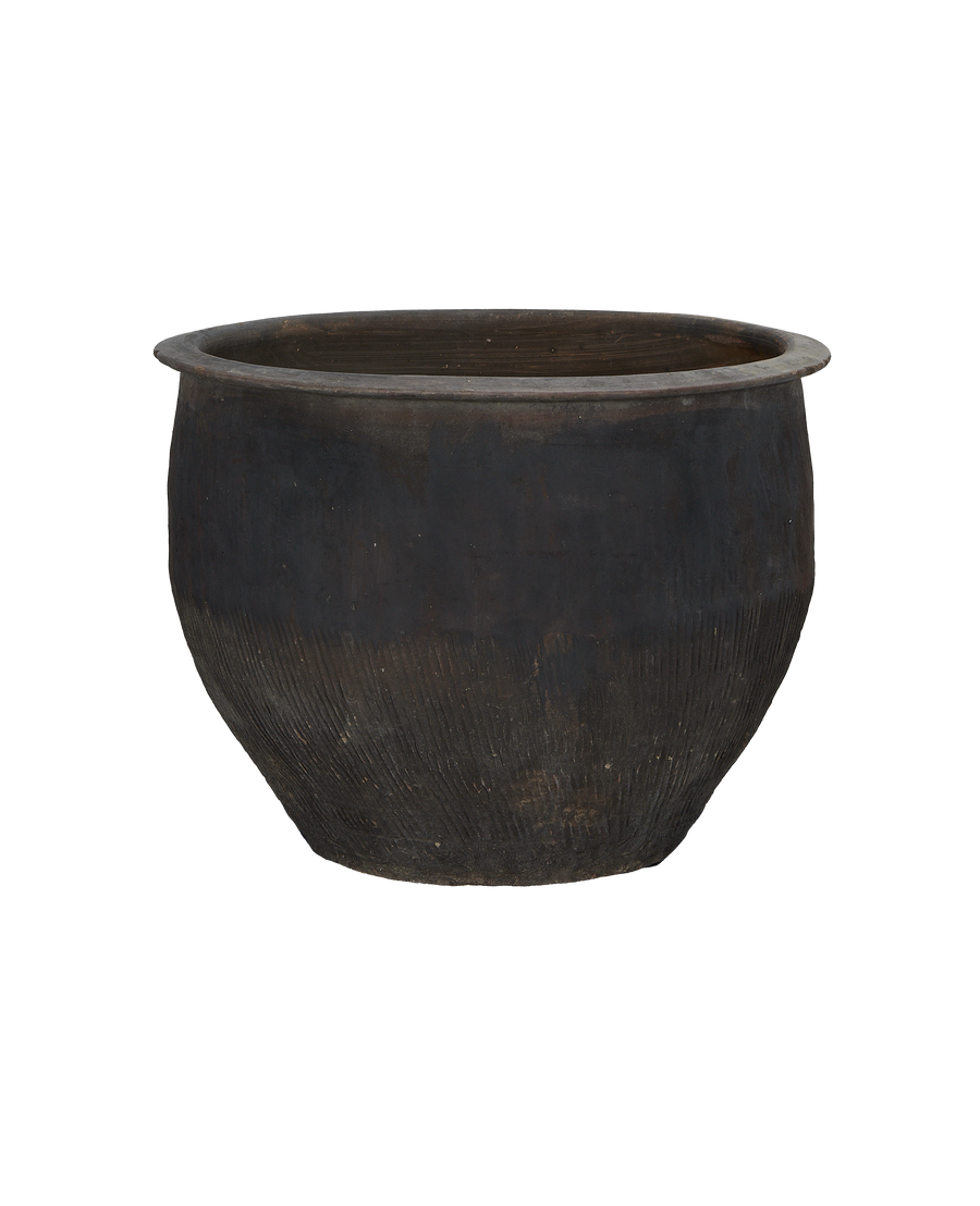 Vintage Chinese earthenware water planter, dark, with textured lower half showing worn surface.