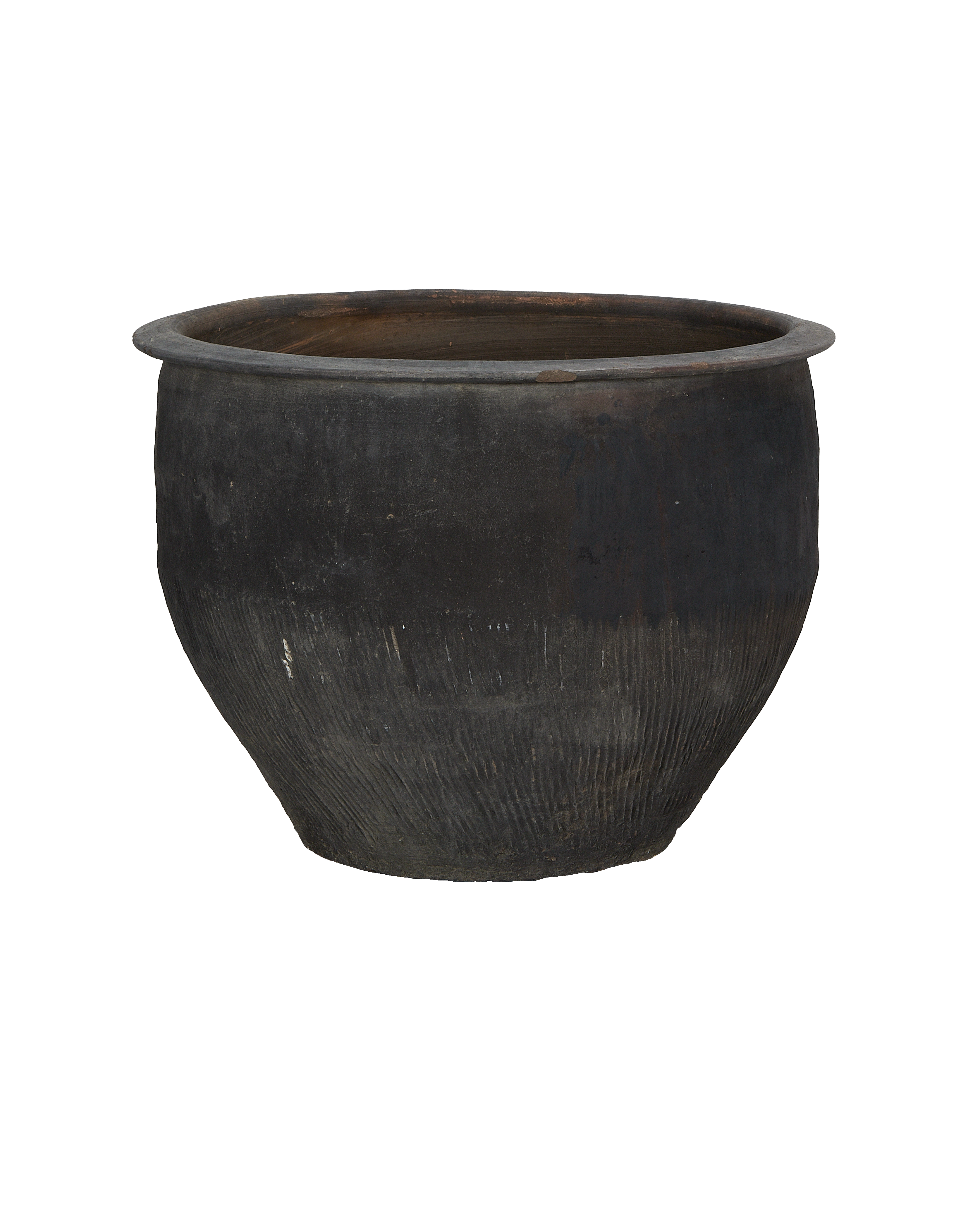 Vintage Chinese black oak water planter with textured rustic surface.