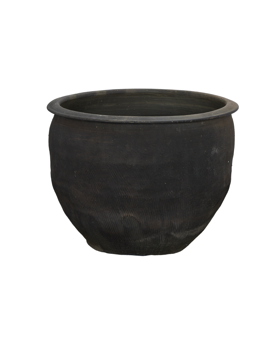 Vintage Chinese OAK water planter, showing bowl, rim detail, and textured charcoal finish.