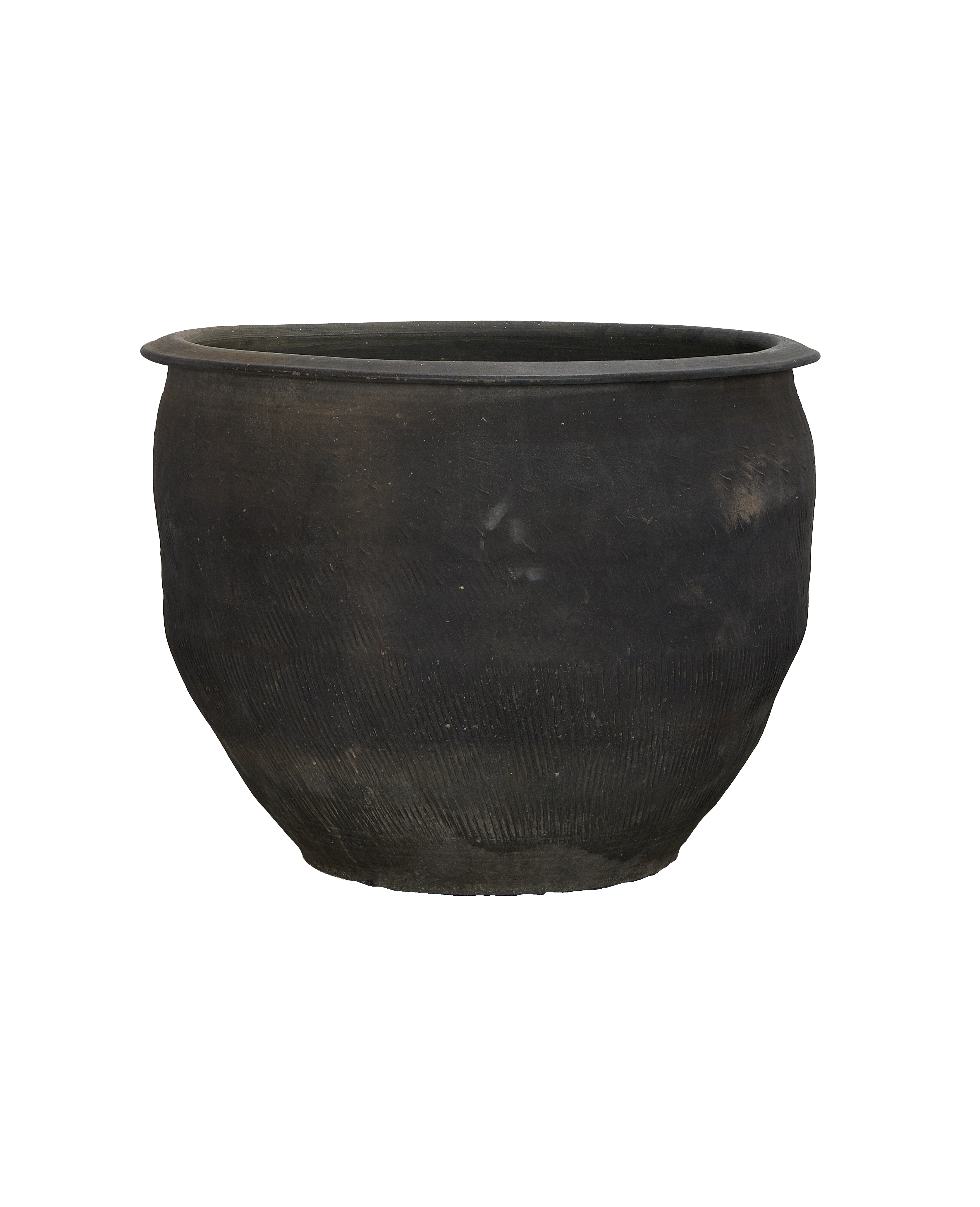 Vintage Chinese dark OAK water planter showing side detail with etched vertical lines.
