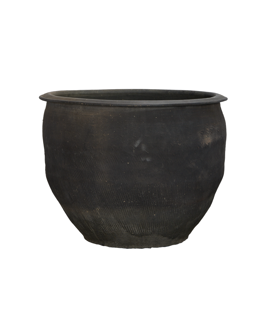 Vintage Chinese dark OAK water planter showing side detail with etched vertical lines.