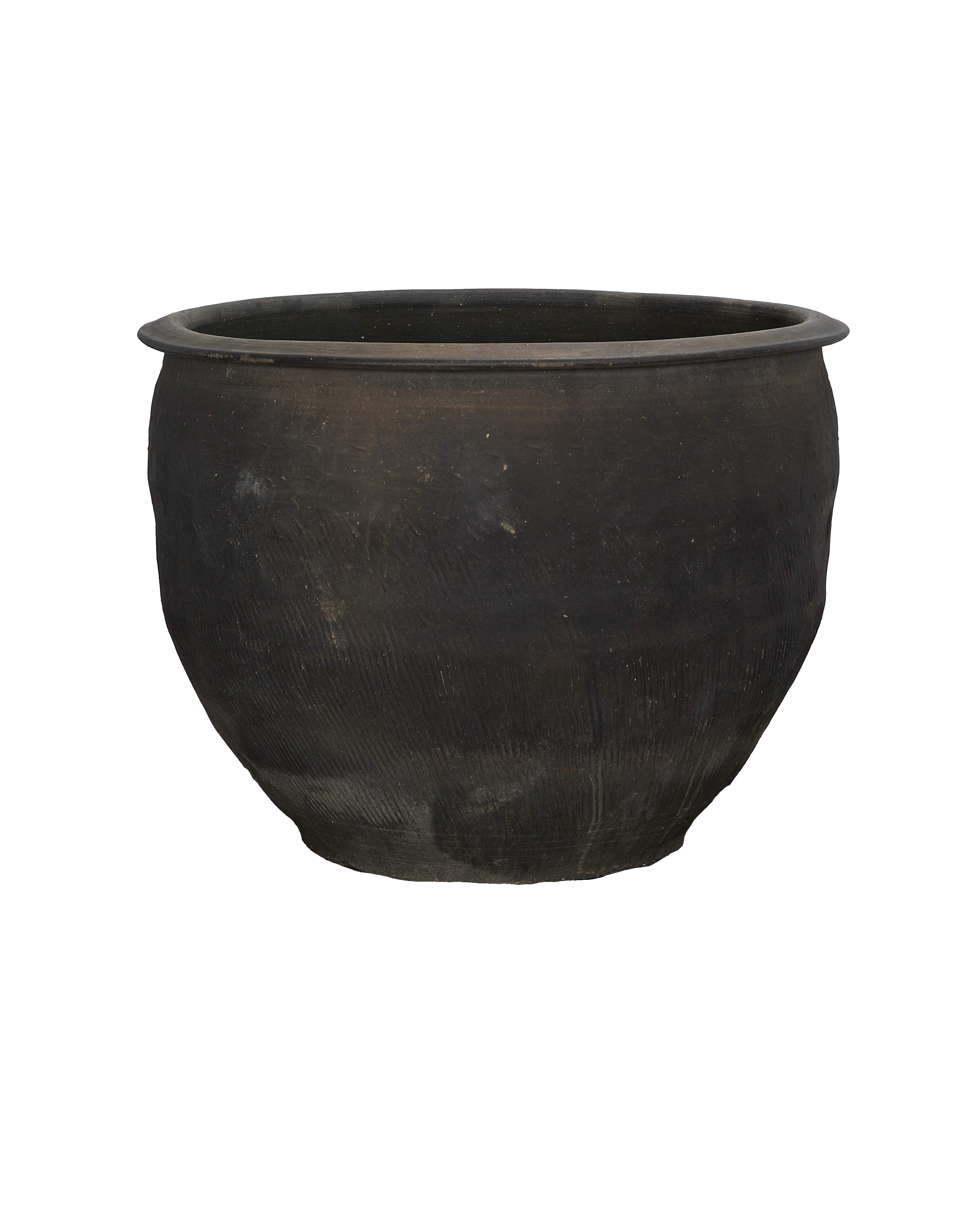 Vintage dark Chinese oak water planter, showing textured weathered surface, rolled rim.