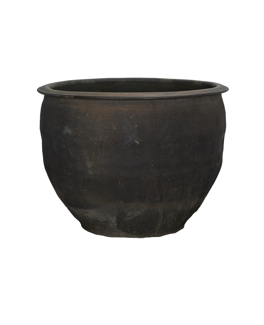 Vintage dark Chinese oak water planter, showing textured weathered surface, rolled rim.