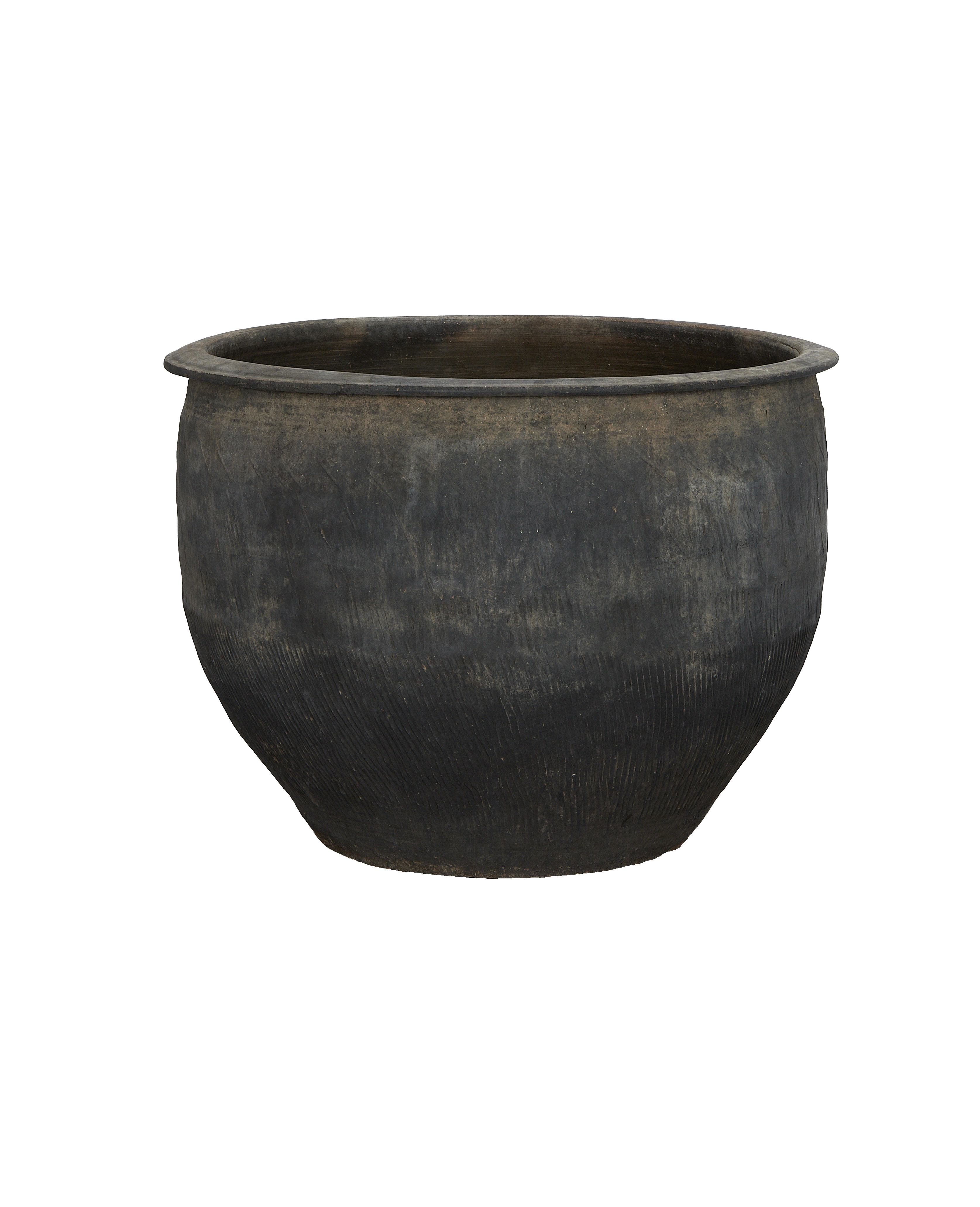 Vintage Chinese gray oak water planter with textured exterior, slightly worn rim, and curved body.
