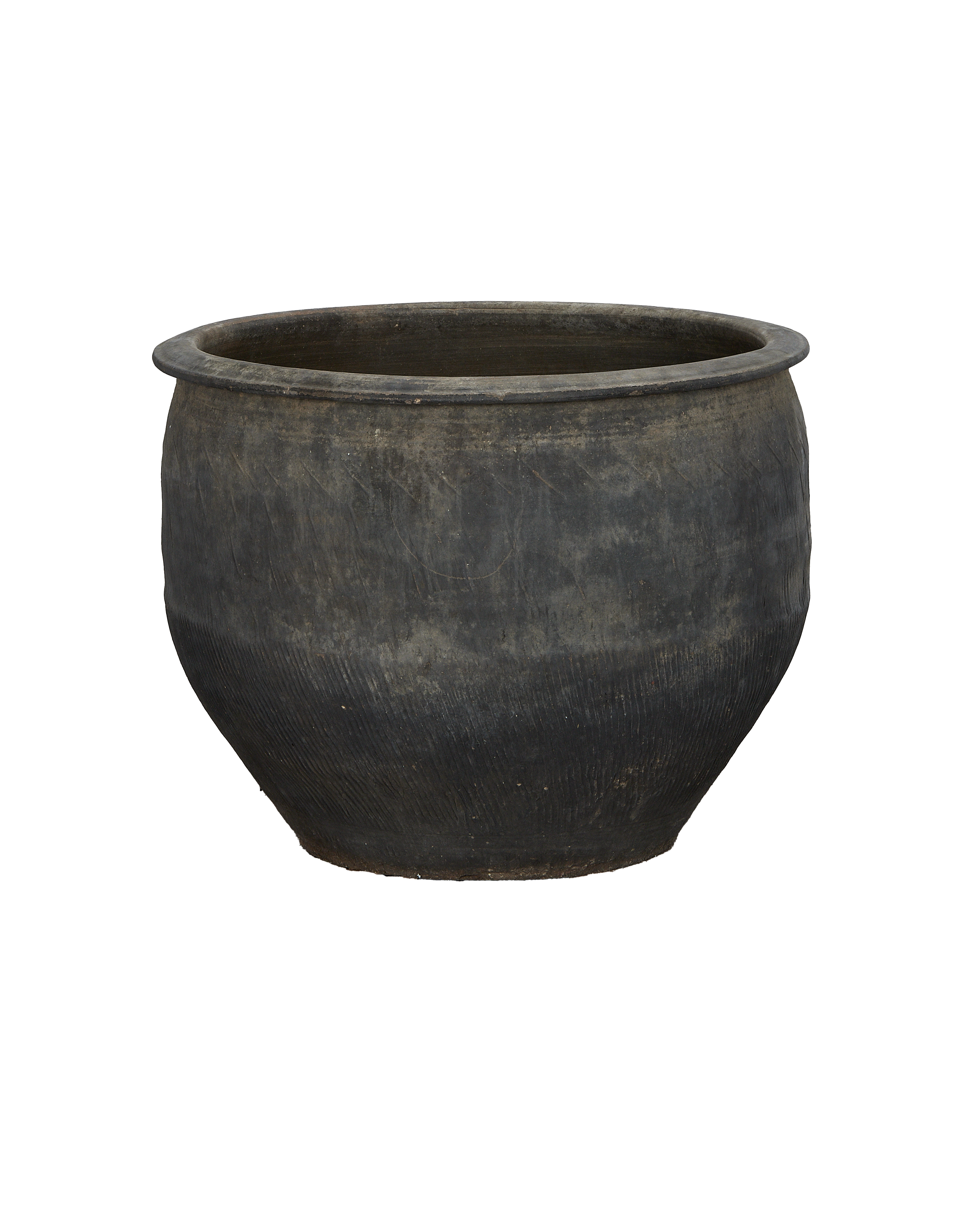 Vintage Chinese water planter. Dark terracotta clay, wide rim, textured lower bowl.