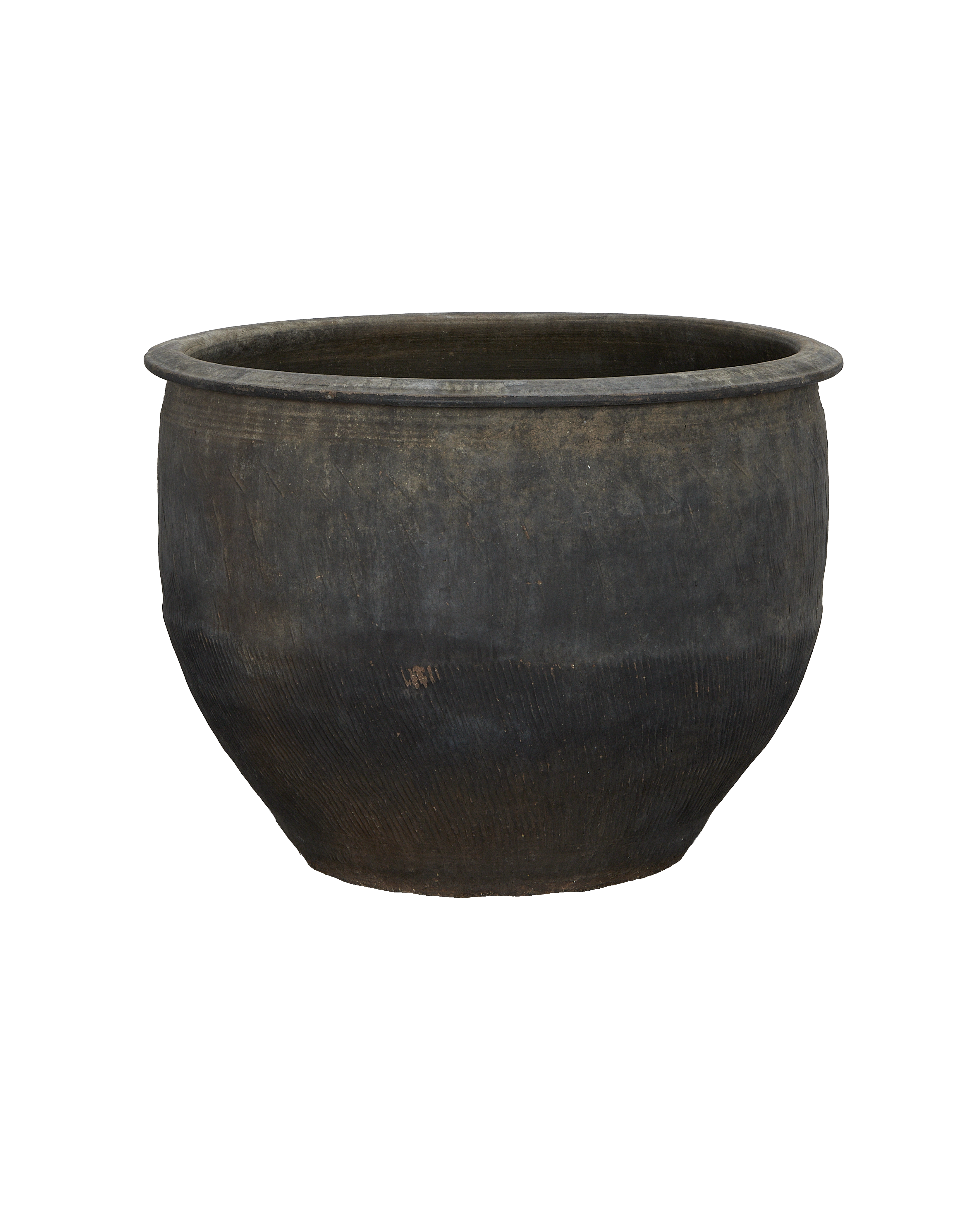 Vintage Chinese OAK water planter, full front view. Visible patina and horizontal score marks.