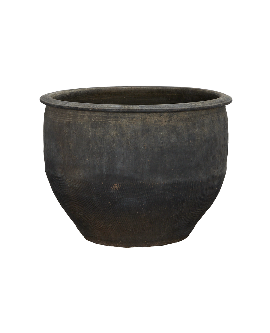 Vintage Chinese OAK water planter, full front view. Visible patina and horizontal score marks.