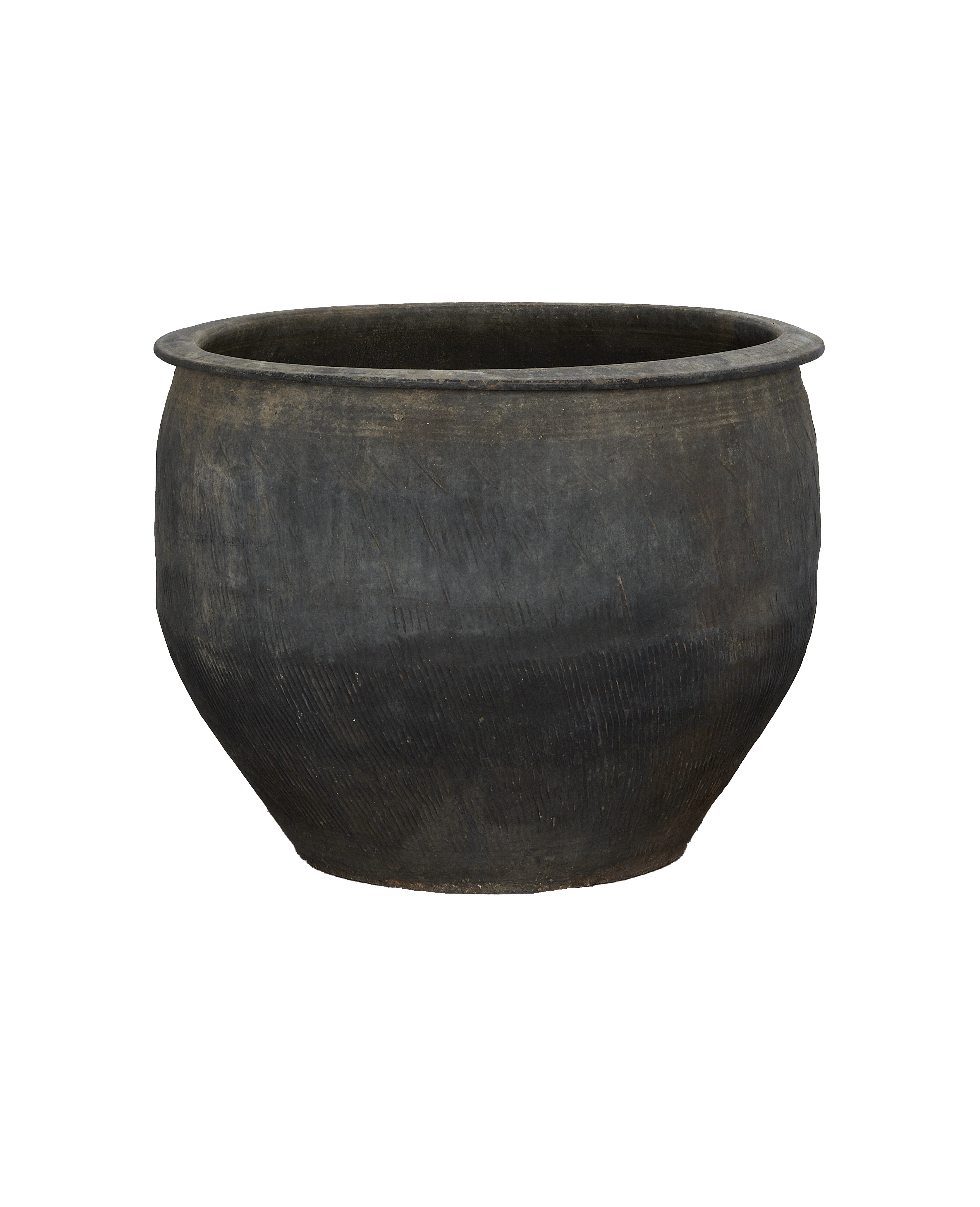 Vintage Chinese oak water planter, dark patina, showing textured surface details.