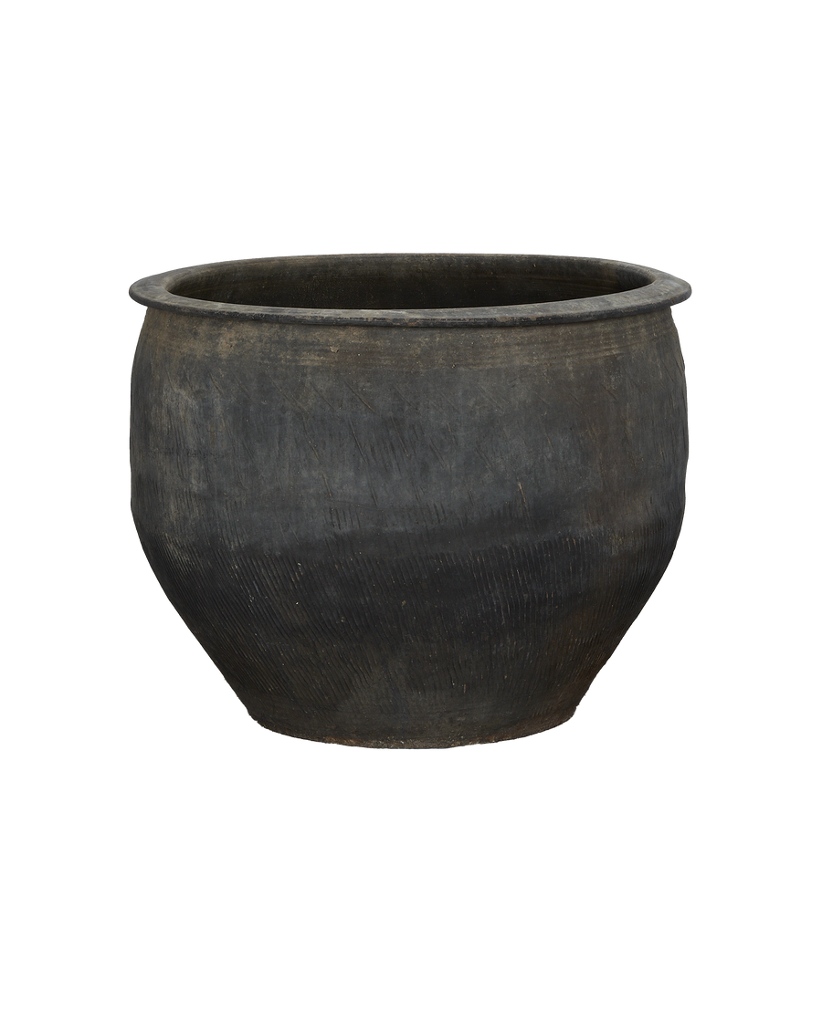 Vintage Chinese oak water planter, dark patina, showing textured surface details.